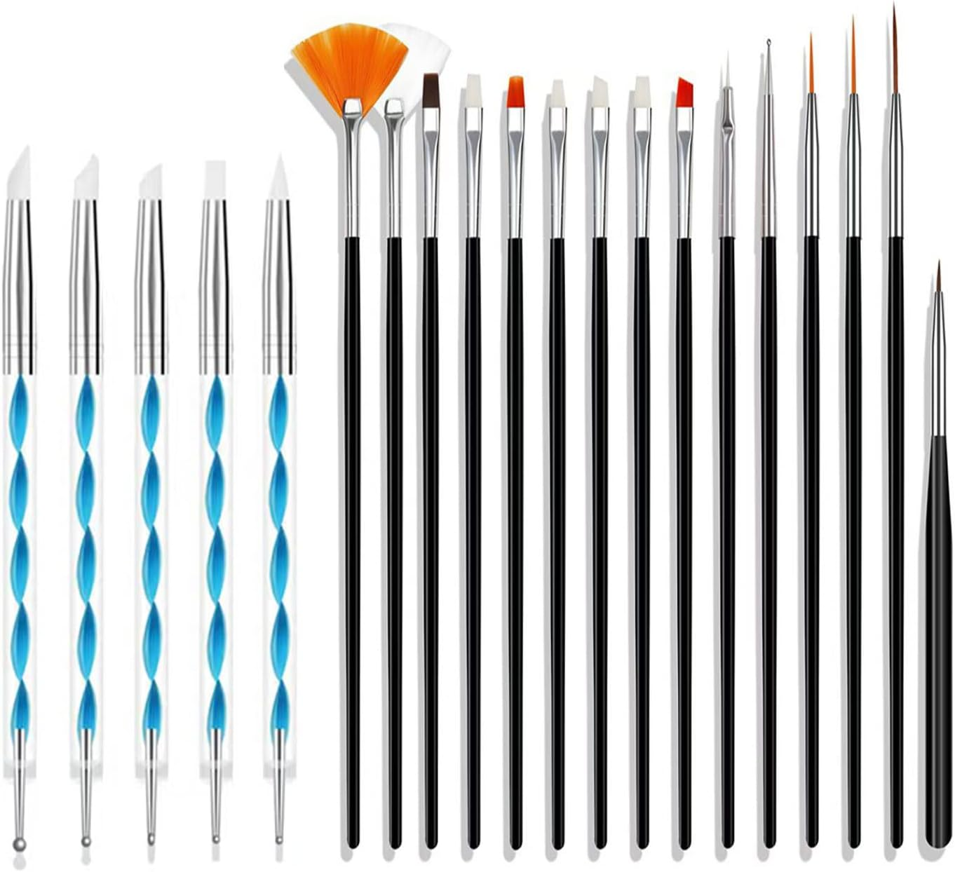 ZEOHBETY Nail Art Brushes Set, 20Pcs Nail Art Design Tools, Acrylic Silicone Carving Pen, Dotting Pen, Nail Fine Liner Brushes, Extension Gel Brush, Polish Brush, Builder Brush, Black and Blue