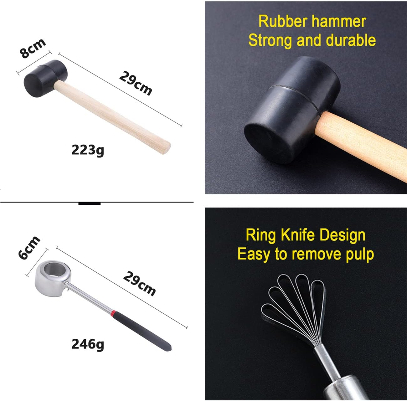 Coconut Opener Tool Set, Food Grade Stainless Steel Coconut Opener Kit, Shell Opener, Hammer, Coconut Grater, Hole Opener (4 Pieces) image number 4