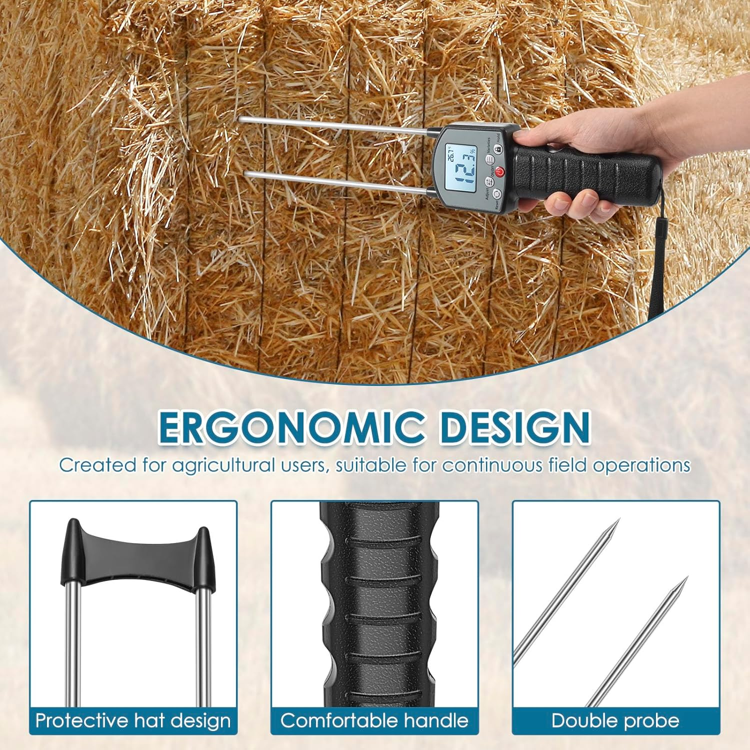 Wood Sawdust Meter, Hay Moisture Tester with Dual Probe, LED Display Hay Moisture Meter Accurate Measurement, Forage Humidity Tester for Alfalfa Forage Orchard Grass image number 4
