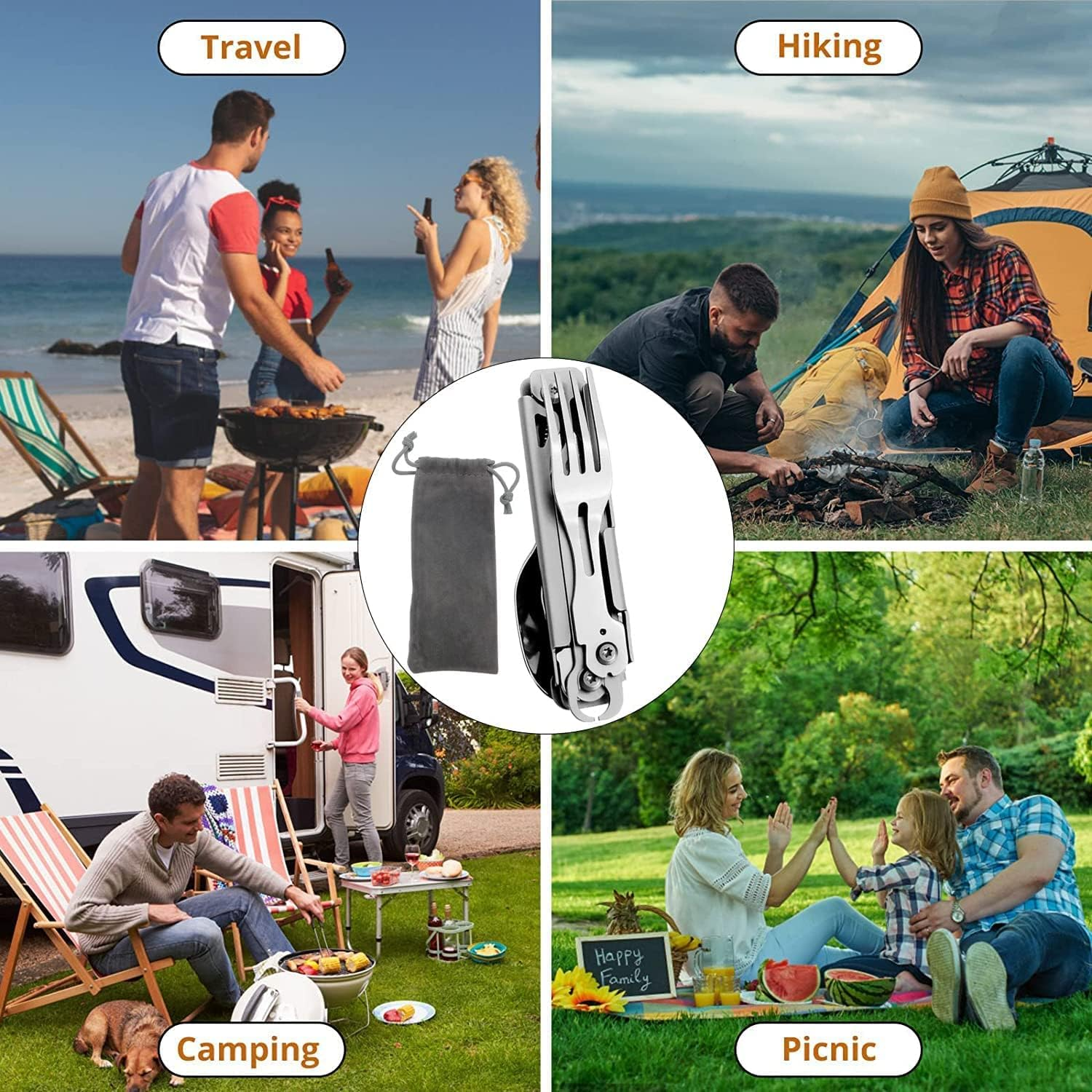 HONZIN Camping Utensil Set 5-In-1 Multi Functional Folding Flatware Set, Pocket Utensil Set Portable Stainless Steel Knife, Spoon, Fork, Bottle Opener, Can Opener Combo Set with Carrying Bag image number 3