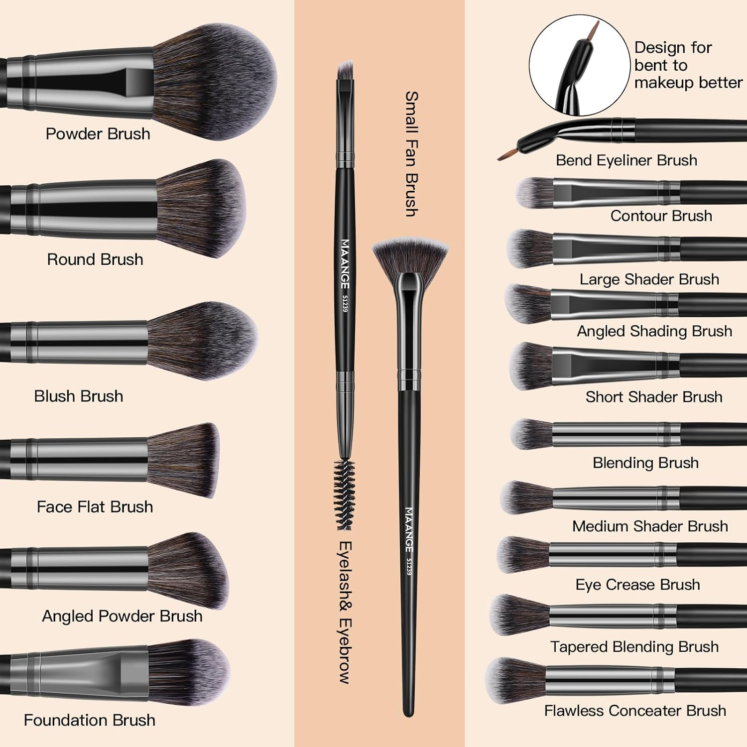 MAANGE 18Pcs Makeup Brushes Premium and Professional Makeup Brush Set with Case, Soft Bristles, for Foundation Blending Powder Concealers Make up Brushes(Silver) image number 3