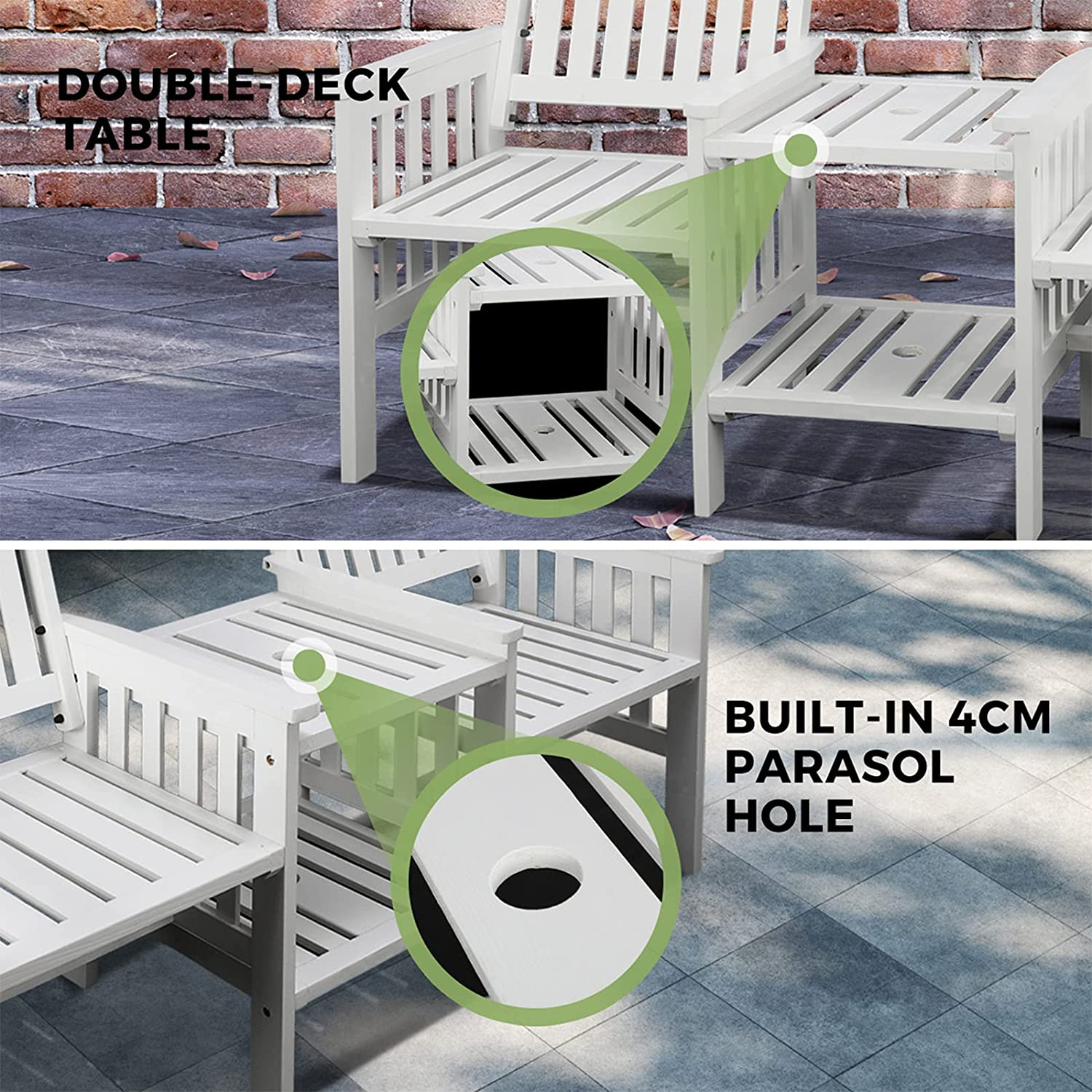 Livsip Outdoor Chair Wooden Garden Bench 2 Seat Table Loveseat Patio Furniture White - Brown image number 3