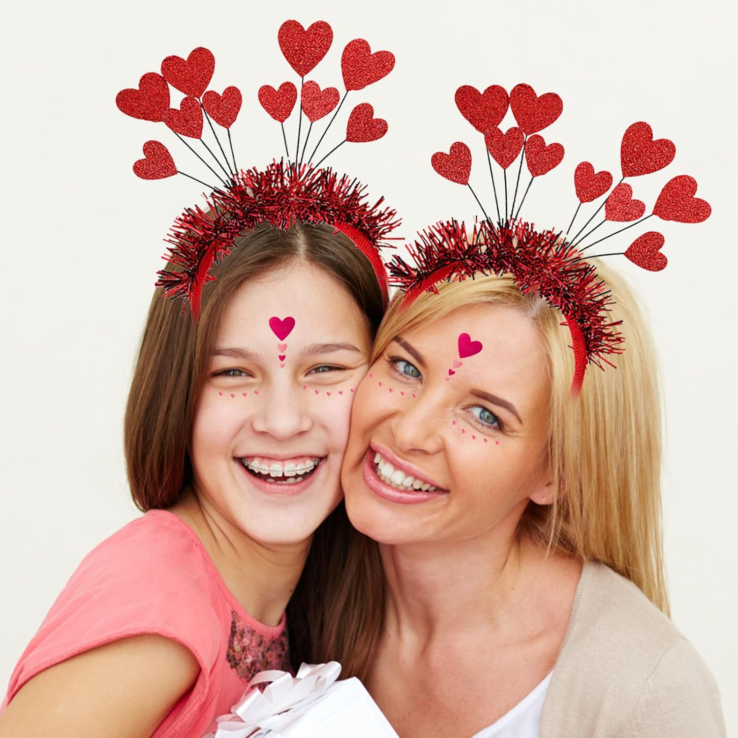 Heart Headband Glitter Headband with Heart + Heart Face Sticker, Heart Headband Red, Heart Face Sticker Face Tattoos, Red Hearts Headband Children Girls for Valentine'S Day Carnival Halloween image number 1