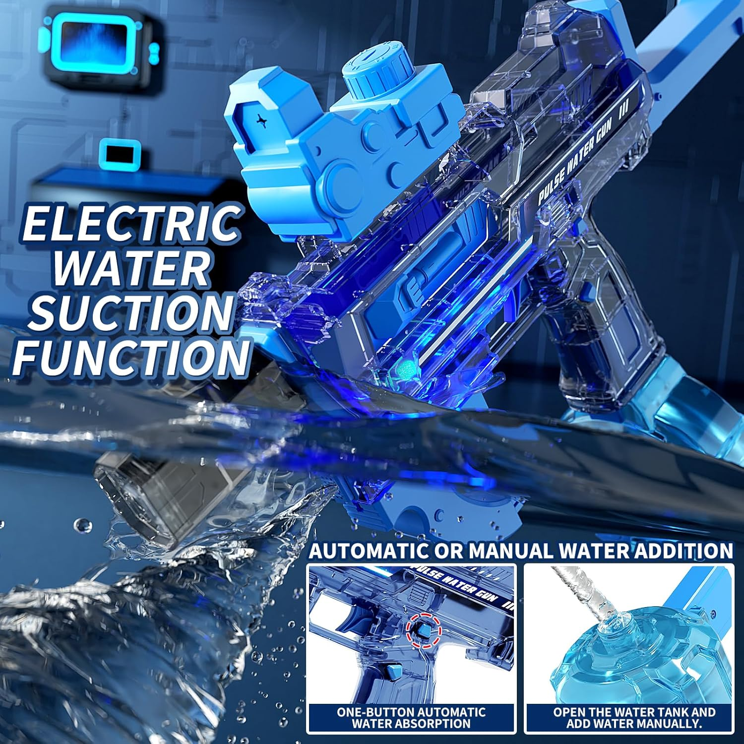 2 Pack Uregoio Electric Blaster Water Guns for Adults & Kids, Automatic Squirt Guns with 32-44 FT Long Range, Big Water Guns with LED Light, Summer Outdoor Beach Swimming Party Pool Toy