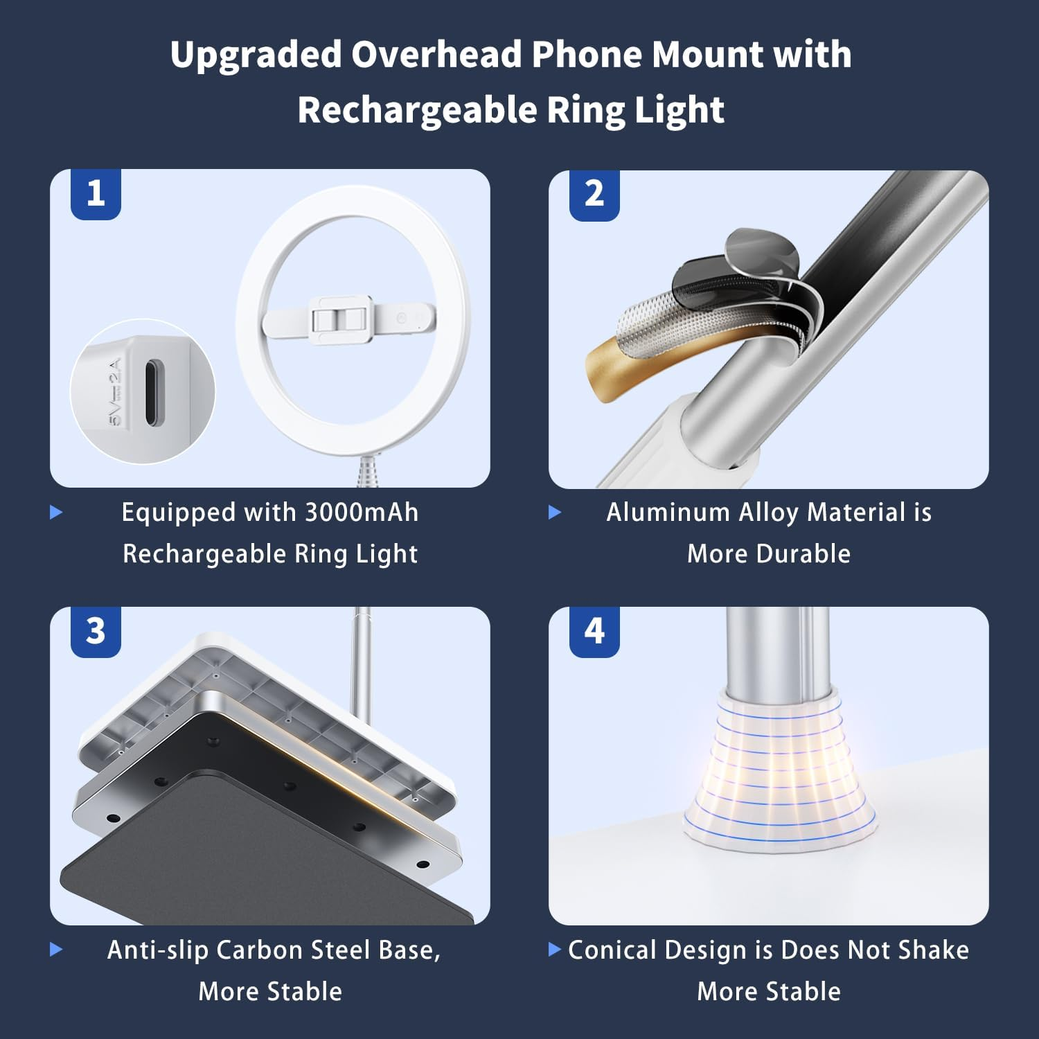 Yayusi 68.5" Overhead Phone Mount with Ring Light for Iphone, 3000Mah 360&deg; Rotation Foldable Rechargeable Ring Light Phone Holder for Video Recording, Photography, Live Streaming, Tiktok, Youtube image number 1