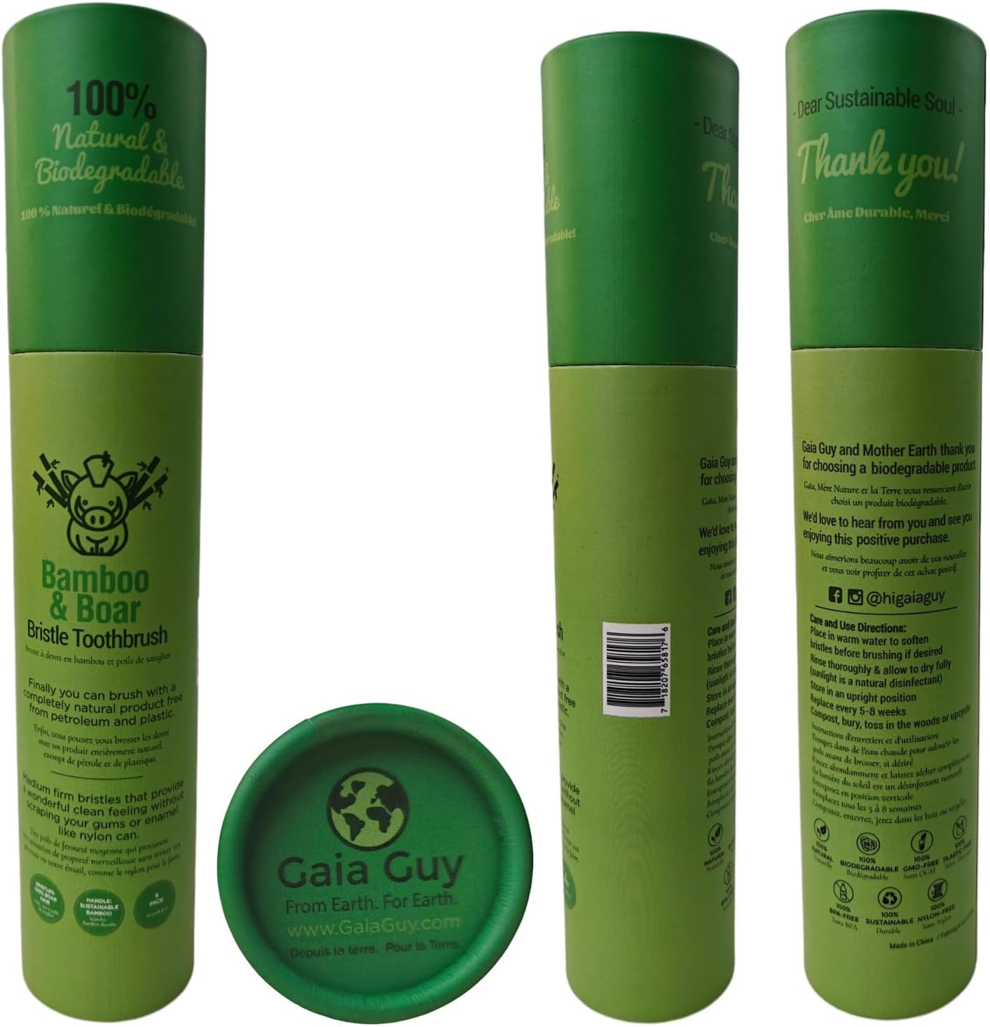 Gaia Guy Natural Bristle Bamboo Toothbrush (NO Nylon - Boar Hair ONLY) - Totally Compostable & Biodegradable Boar Bristle and Bamboo Toothbrushes - Zero Waste - 6-Pack image number 2