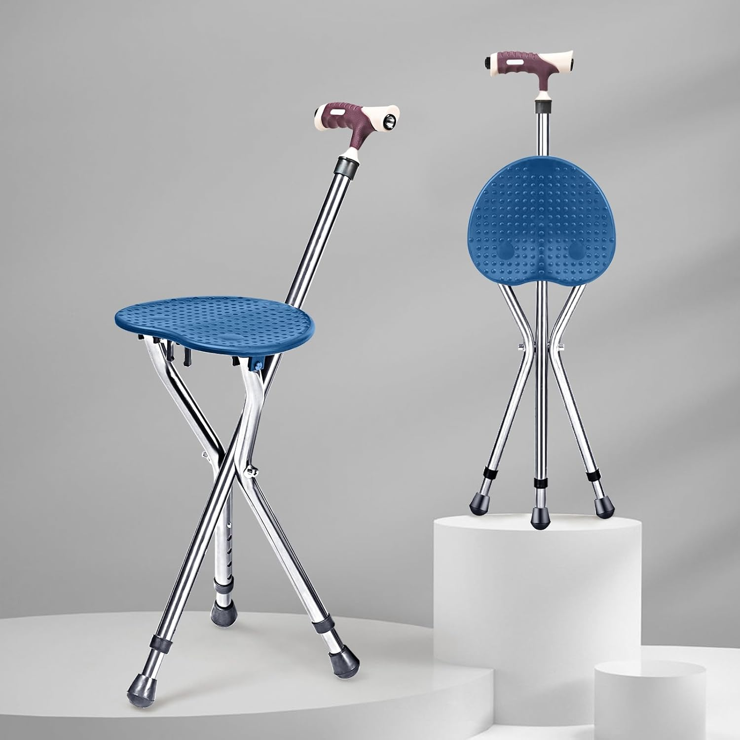 Costway Folding Cane Seat, Portable Multifunctional Aluminum Crutch W/LED Light & Ergonomic Handle, Height Adjustable Walking Stick, W/Massage Seat Board, Anti-Skid Pads