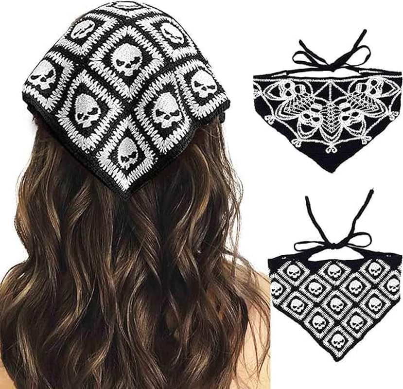 Black Skull Headbands &ndash; 2PCS Crochet Gothic Bandanas with Spider Accents Christmas Hair Accessories for Women Witchy Boho Head Scarf & Festival Hair Band image number 1