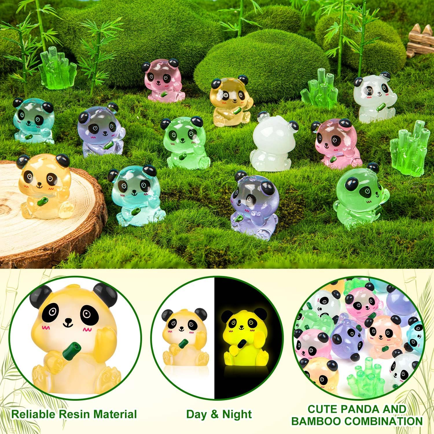 SYWHXY 20PCS Luminous Mini Resin Panda Cute Panda Figurines Miniature, Glow in the Dark Mini Panda Bamboo Bulk for Cake Topper Micro Landscape Dollhouse Garden DIY (Panda-7Colors) image number 4
