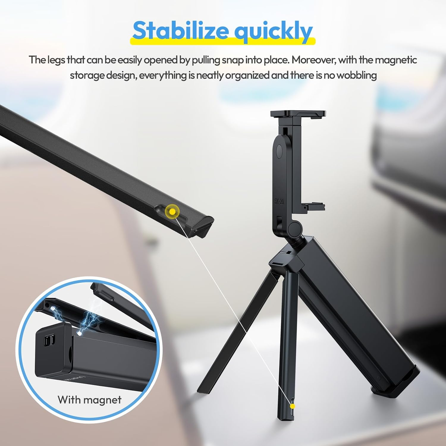 ULANZI SK-20 Airplane Phone Holder Travel Essentials, Phone Tripod 360&deg; Rotation, Travel Accessories Must Have Handsfree Cellphone Stand for Desk, Universal Adjustable Phone Stand for Train Table image number 1