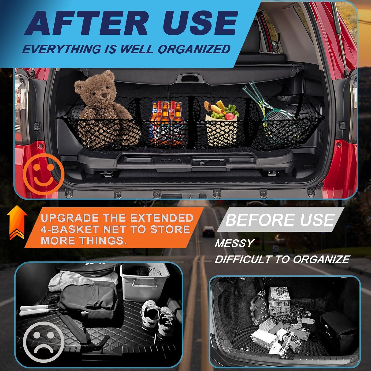 Holnunet Cargo Net for Pickup Truck Bed- 59" Adjustable Elastic Mesh Cargo Net, Car Rear Storage Organizer with 4 Carabiners Accessories, Heavy Duty Cargo Net for Pickup, Truck, SUV, M0003 image number 6