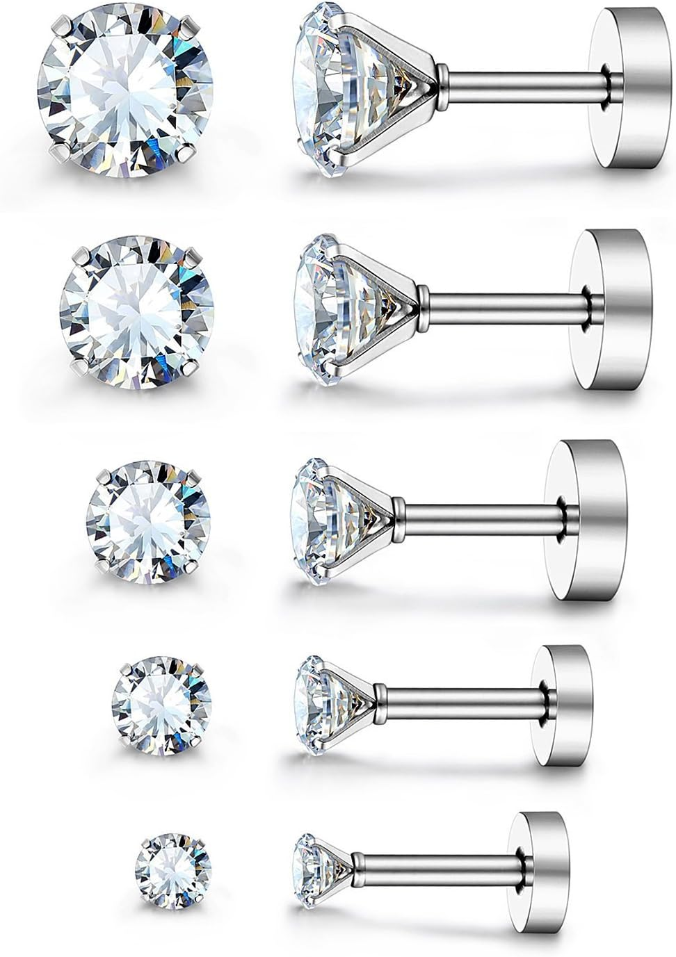 Jewelrieshop Assorted Sizes Wholesale Lot Stainless Steel Cubic Zirconia Barbell Cartilage Tragus Helix Stud Earring