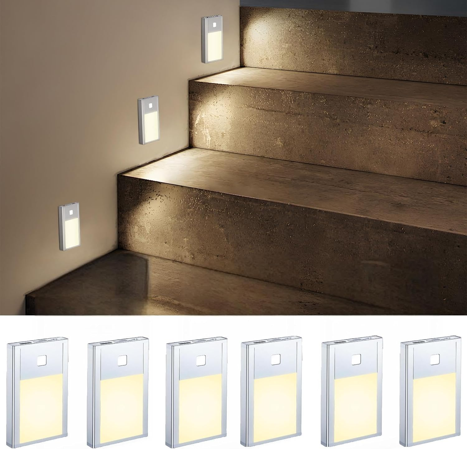 Motion Sensor Night Light Indoor, Rechargeable Magnetic Stick-On Sensor Lights with Auto/On/Off, Battery Powered for Wardrobe, Hallway, Stairs, Bedroom, Kids Room (3 Pack) - Black-6 Pack image number 6