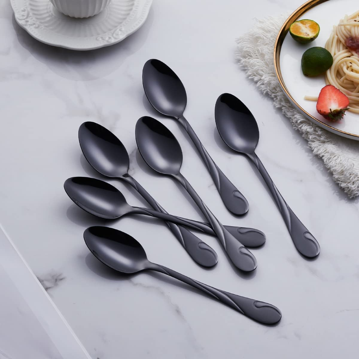 19.3 Cm Stainless Steel Black Dinner Spoon, Metal Soup Spoons Table Spoon Silverware Set of 6, for Home Kitchen Restaurants