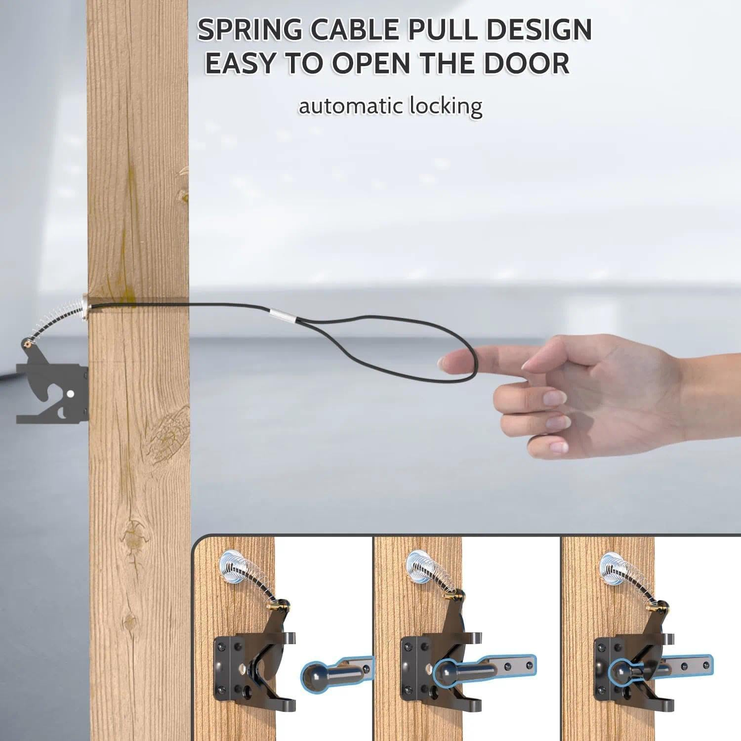 Gate Latch with Spring Cable Pull for Wooden and Metal Fence - Carbon Steel, Durable, Black Finish - Secure Lock for Outdoor Use - Easy Installation by Haheihei