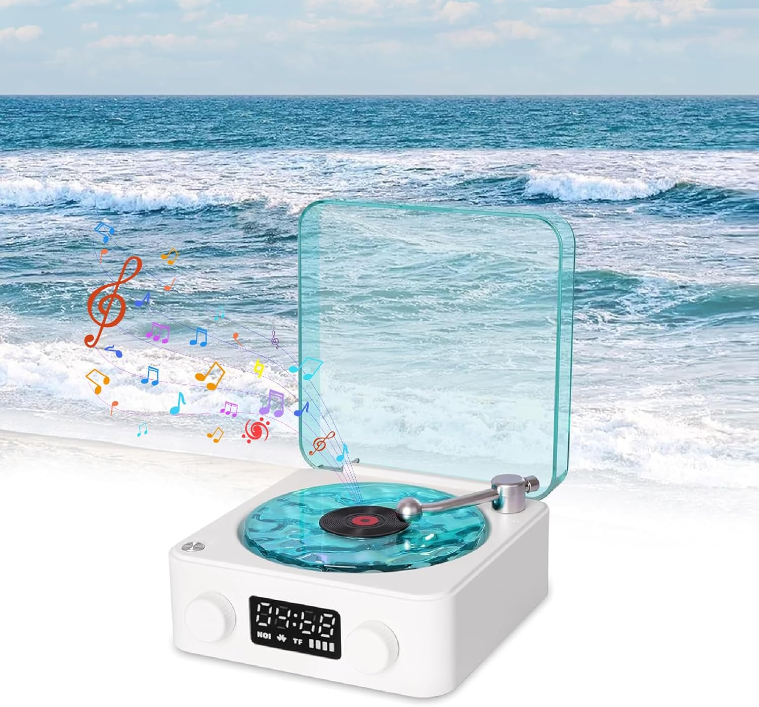 Waves Vinly Bluetooth Speaker, the Waves Vinly Player with Water Ripple Light, Retro Style Vinly Record Player, Aqua Speaker for Bedroom, Office, Party (White)