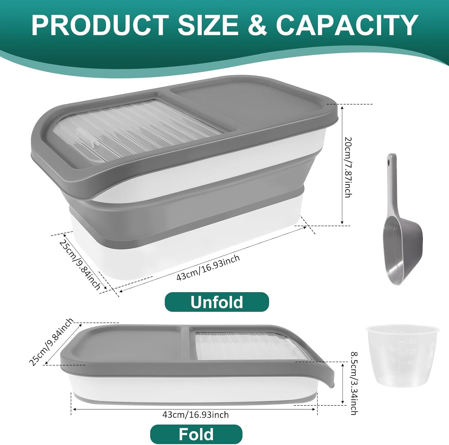 Dog Food Container, Pet Food Container with Measuring Cup & Scoop, 13-20LB Collapsible Food Containers Sliding Lids Cat Food Storage Box, Airtight Dry Food Bin for Pet image number 2