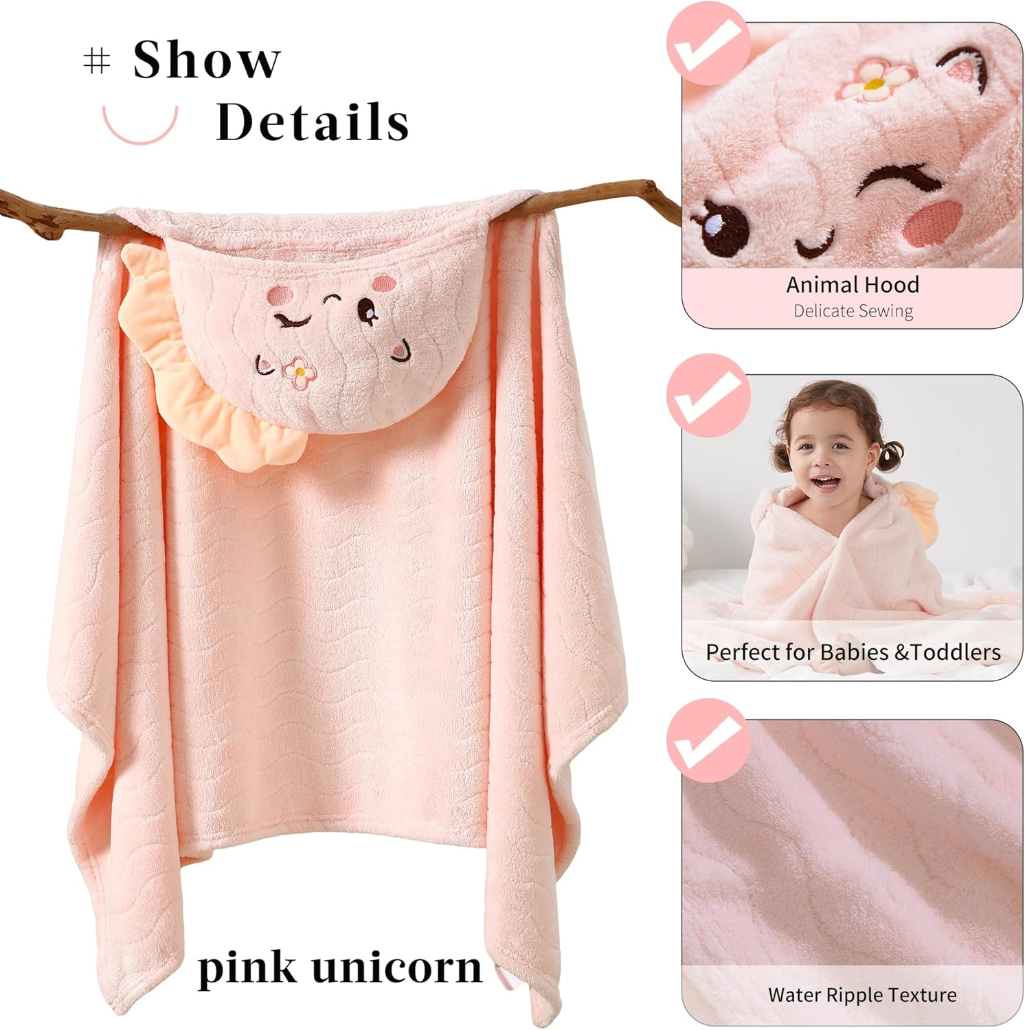 Hooded Towel for Kids, 2 Pack Coral Fleece Kids Bath Towels, Soft and Absorbent Toddler Towels with Hood Age 0-12 Years for Toddler, Infant, Kids - Large 27.5 X 55 Inch (Pink Unicorn & Green Dinosaur) image number 3