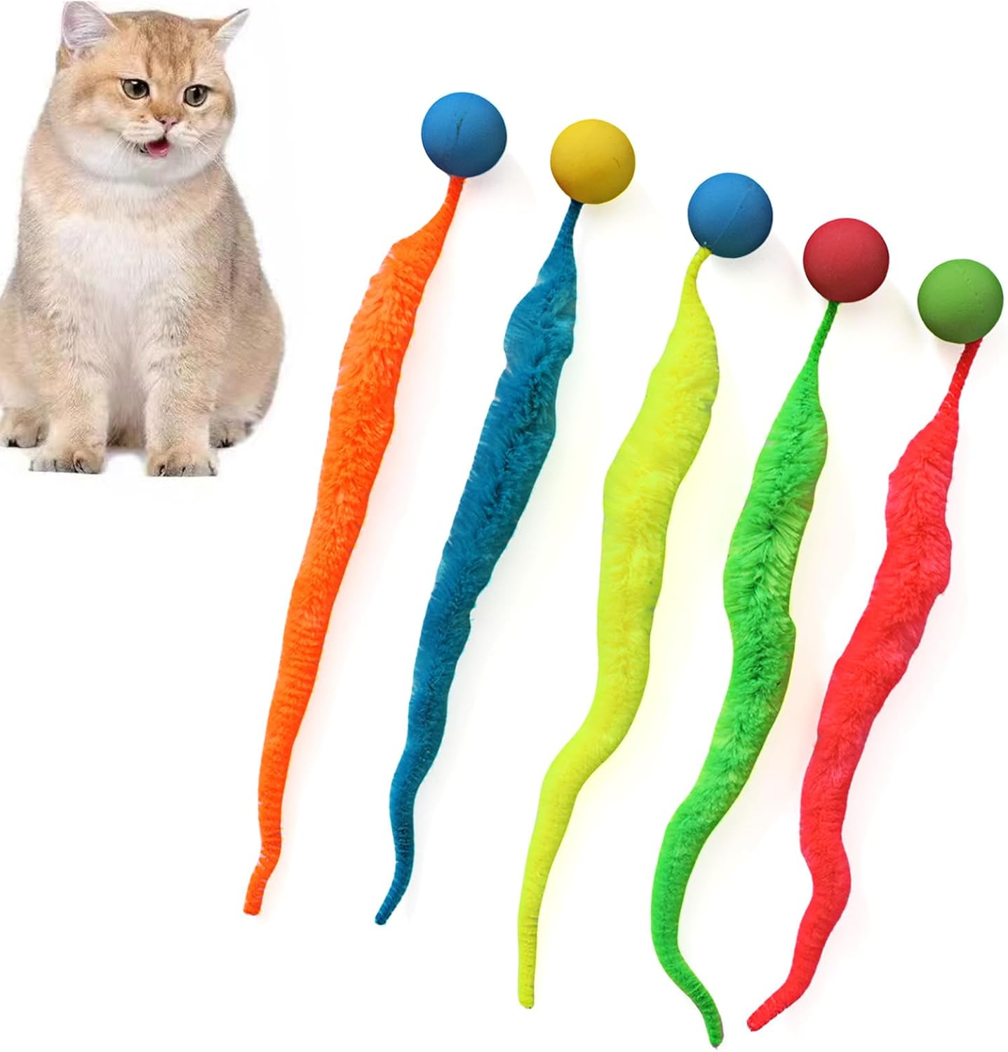 IUHKBH Interactive Cat Balls, 5 Packs Cat Bouncy Balls with Rainbow Worm Cat Chaser Toy Cat Exrecise Toy Balls, Hour of Entertainment, Safe for Your Kitty