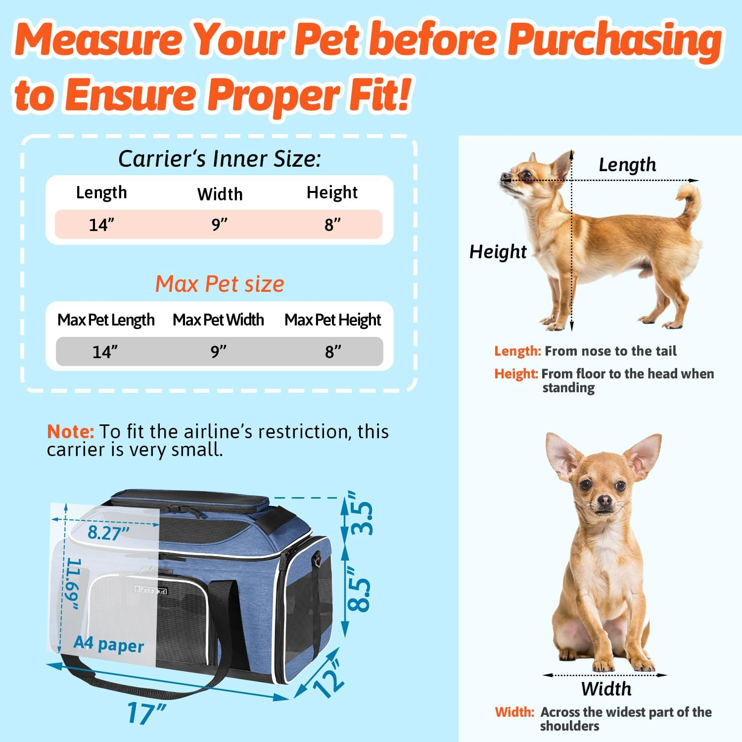 Petskd Top-Expandable Pet Carrier 17X12X8.5 Inches Jetblue Allegiant Spirit Airline Approved, Soft-Sided Carrier for Small Cats and Dogs with Locking Safety Zippers and Anti-Scratch Mesh(Blue) image number 2