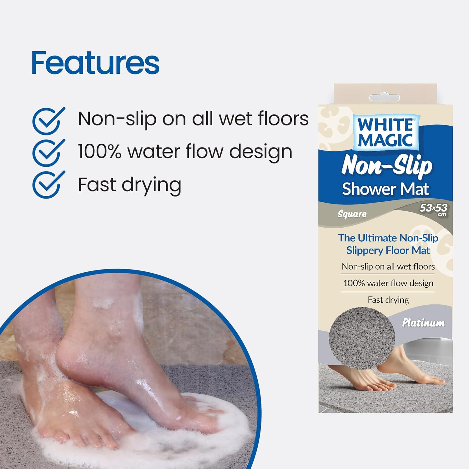 White Magic Non-Slip Shower Mat Square, 53X53 Cm, Anti-Slip, Fast Drying, 100% Water Flow, Durable & Machine Washable &ndash; Ideal for Small Showers, Bathtubs, Bathrooms, and Boats (Platnium) image number 2