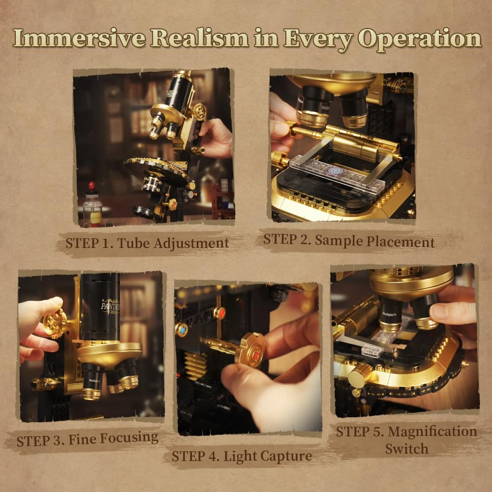 PANTASY Retro Microscope Building Kit for Adults, Antique Science Instrument Model with Mechanical Design, Brass Finish & Lab Accessories, Collectible Display Brick Set image number 3