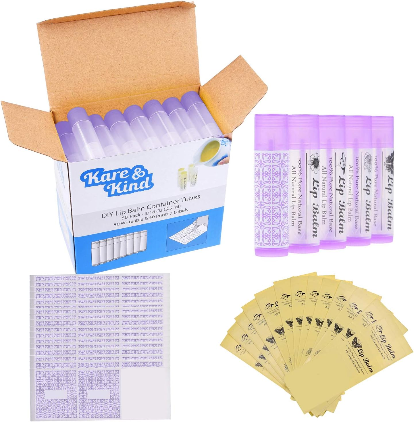 (50 Pack, Lip Balm Container Tubes) - Lip Balm Container Tubes - 50-Pack - DIY - Translucent - 3/16 Oz (5.5 Ml) - Including 50 Writeable & 50 Printed Lip Balm Stickers - Twist Mechanism and a Cap - Empty - Make Natural Lip Balm