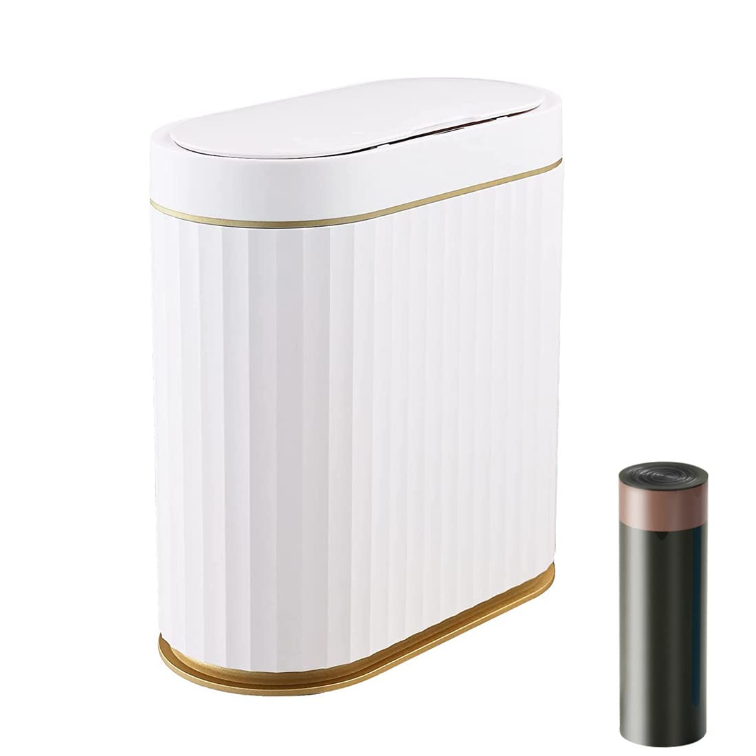 Smart Trash Bin with Lid for Bathroom, 9 Liter Slim Automatic Garbage Can, Waterproof Plastic Rubbish Bin Narrow Motion Sensor Wastebasket for Living Room, Kitchen, Office, Gold (No Battery)