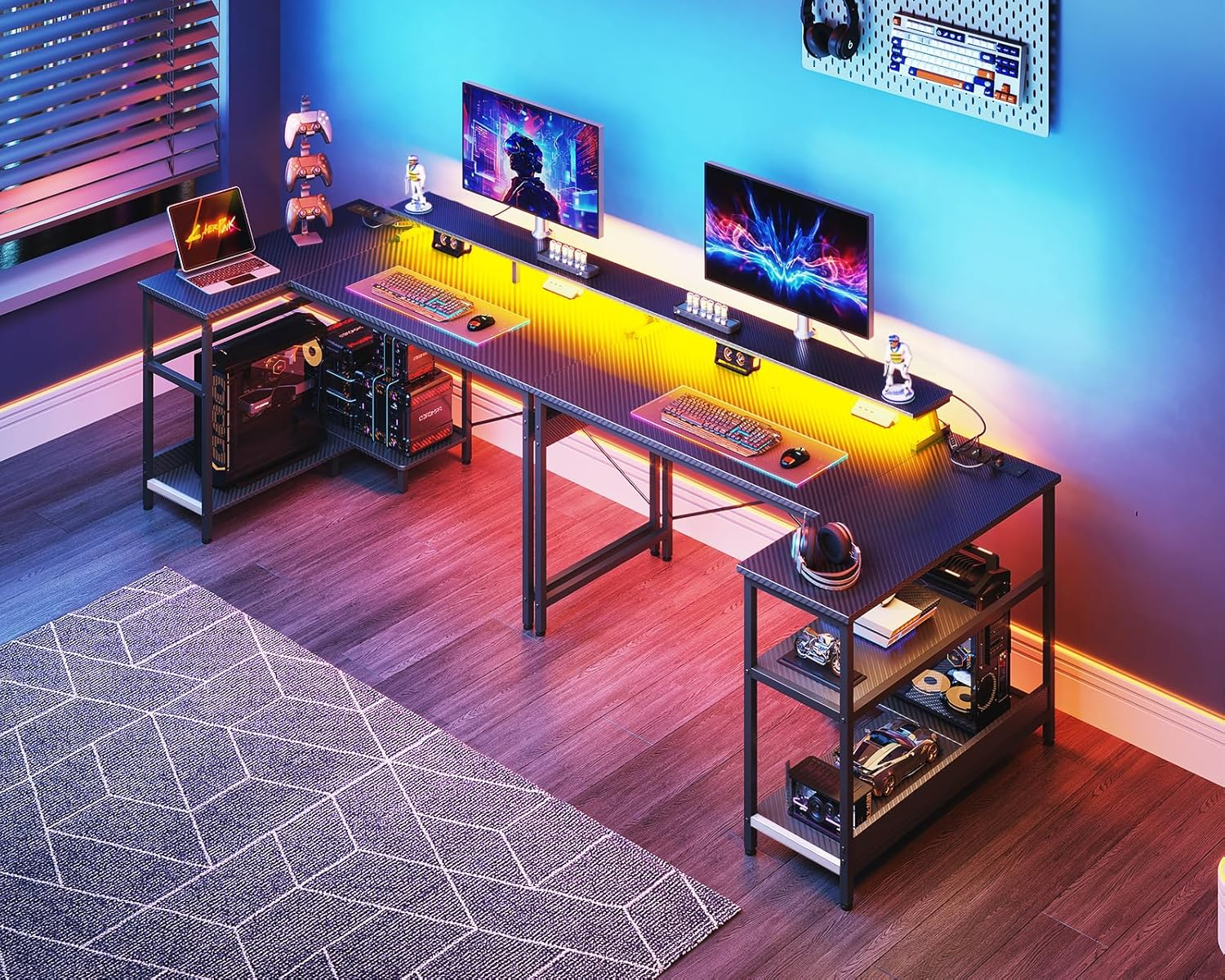ODK Gaming Desk with Power Outlet&10 Color LED Light Strip, 120 * 80 * 87.7Cm, L Shaped Desk with Storage Bag and 2 Shelves, Computer Table with Monitor Stand, Carbon Black Fiber - White image number 5