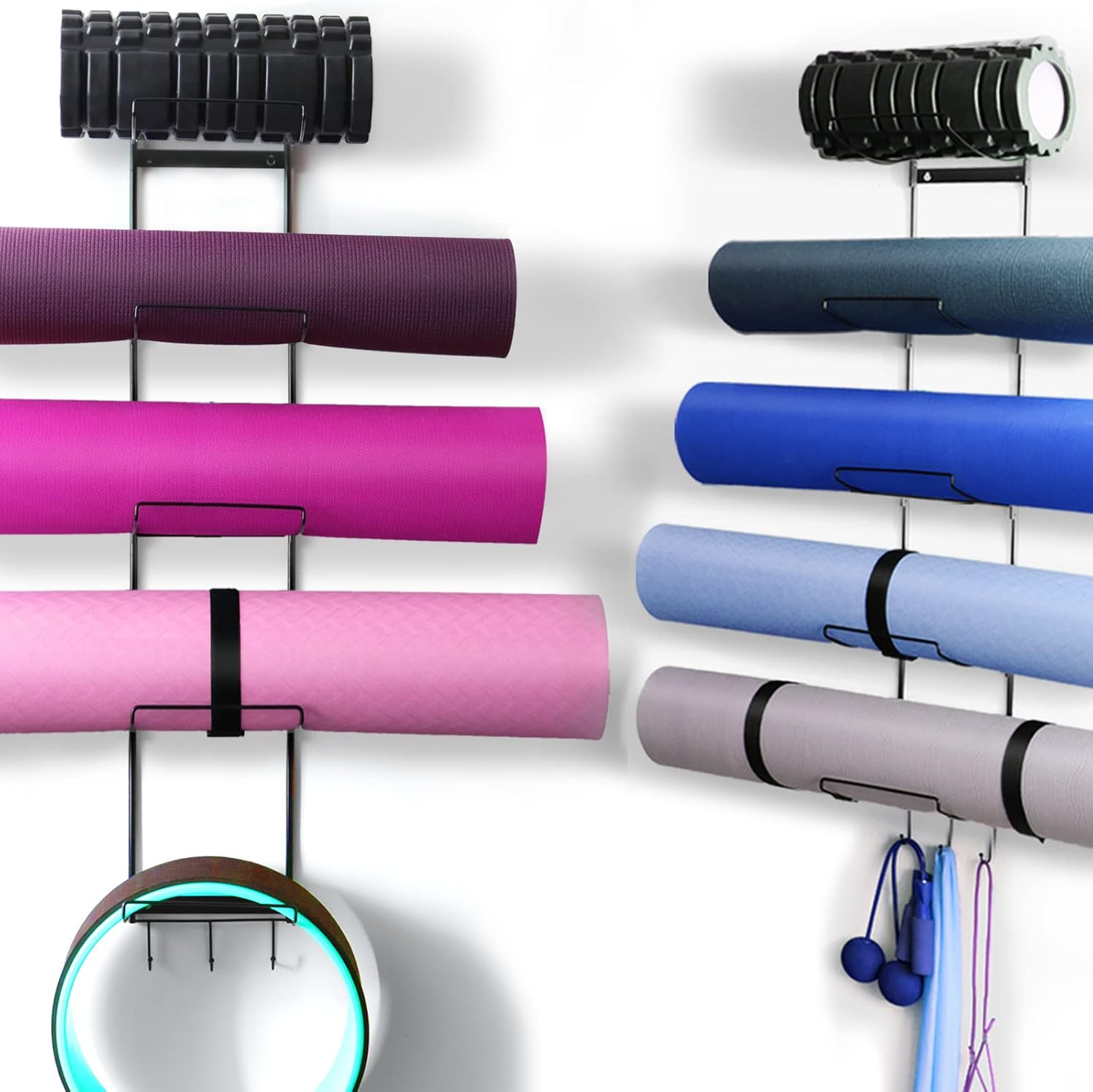 5-Tiers Yoga Mat Holder Wall Mount, Metal Storage Rack for Mat/Wheels, Foam Roller and Block, with 3-Hooks for Hanging Stretching Strap, Resistance Bands, Accessories