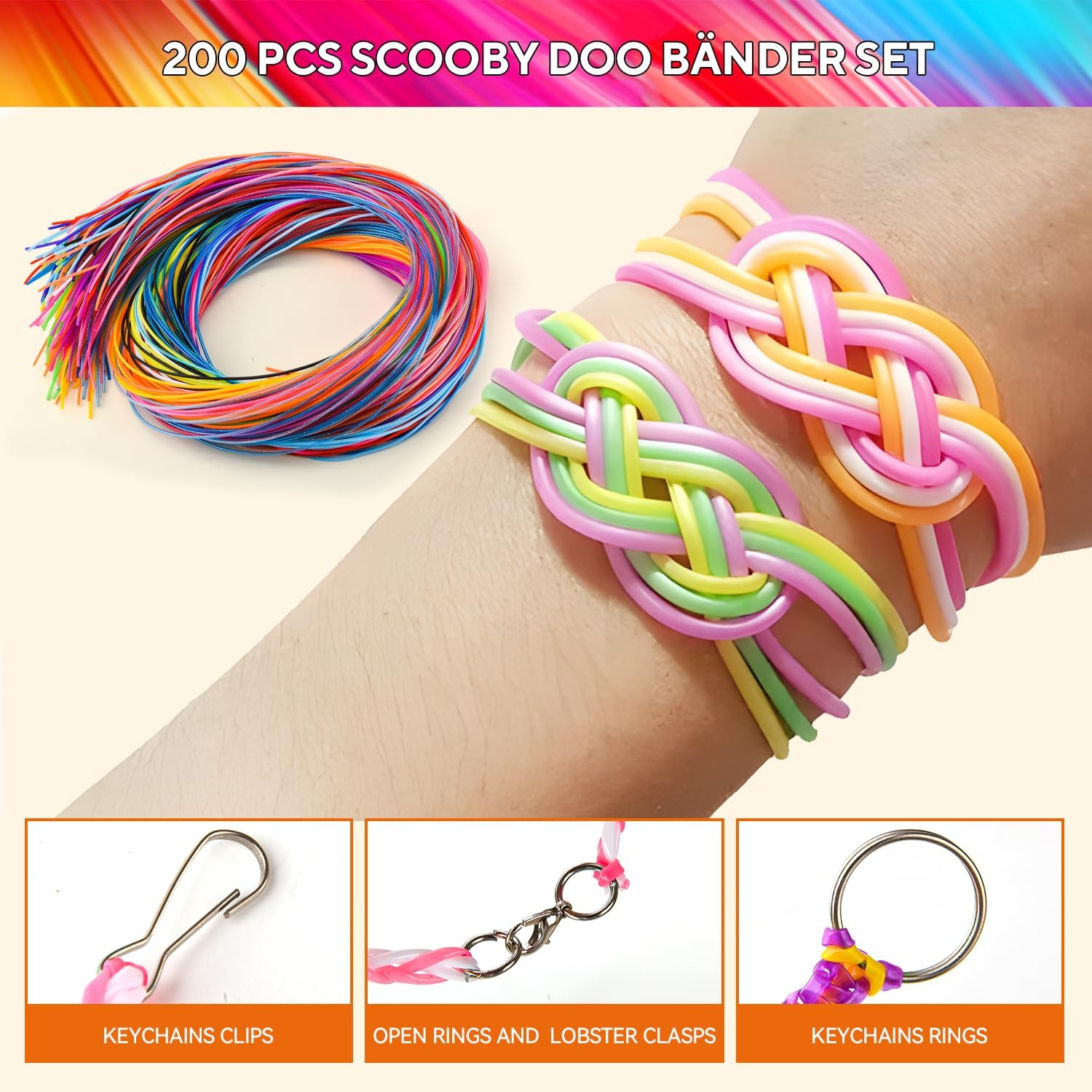 295 Piece Scooby DOO Ribbons Set, Scoubidou Ribbons, Latch Bands with Keychain, Hooks, Wooden Beads, Pom Poms, Craft Wire and Pipe Cleaners for Crafts Bracelets, Necklaces, Keyrings and DIY image number 2