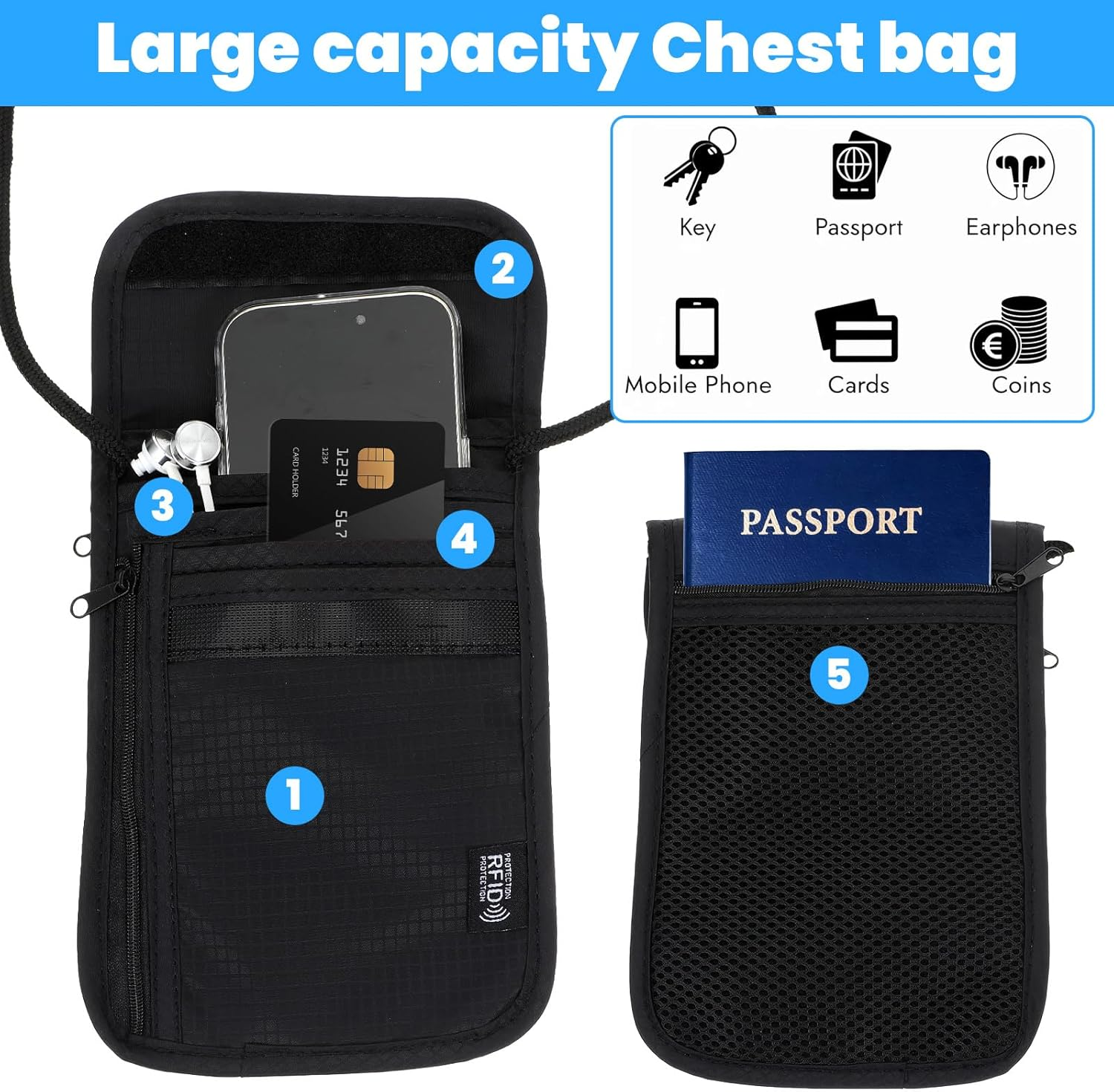 Hpmjz Neck Pouch with RFID Protection Anti-Theft Unisex Travel Purse Waterproof Shoulder Bag Soft Hidden Chest Pocket for Passport Credit Cards Smartphone Coins Documents Accessories image number 5