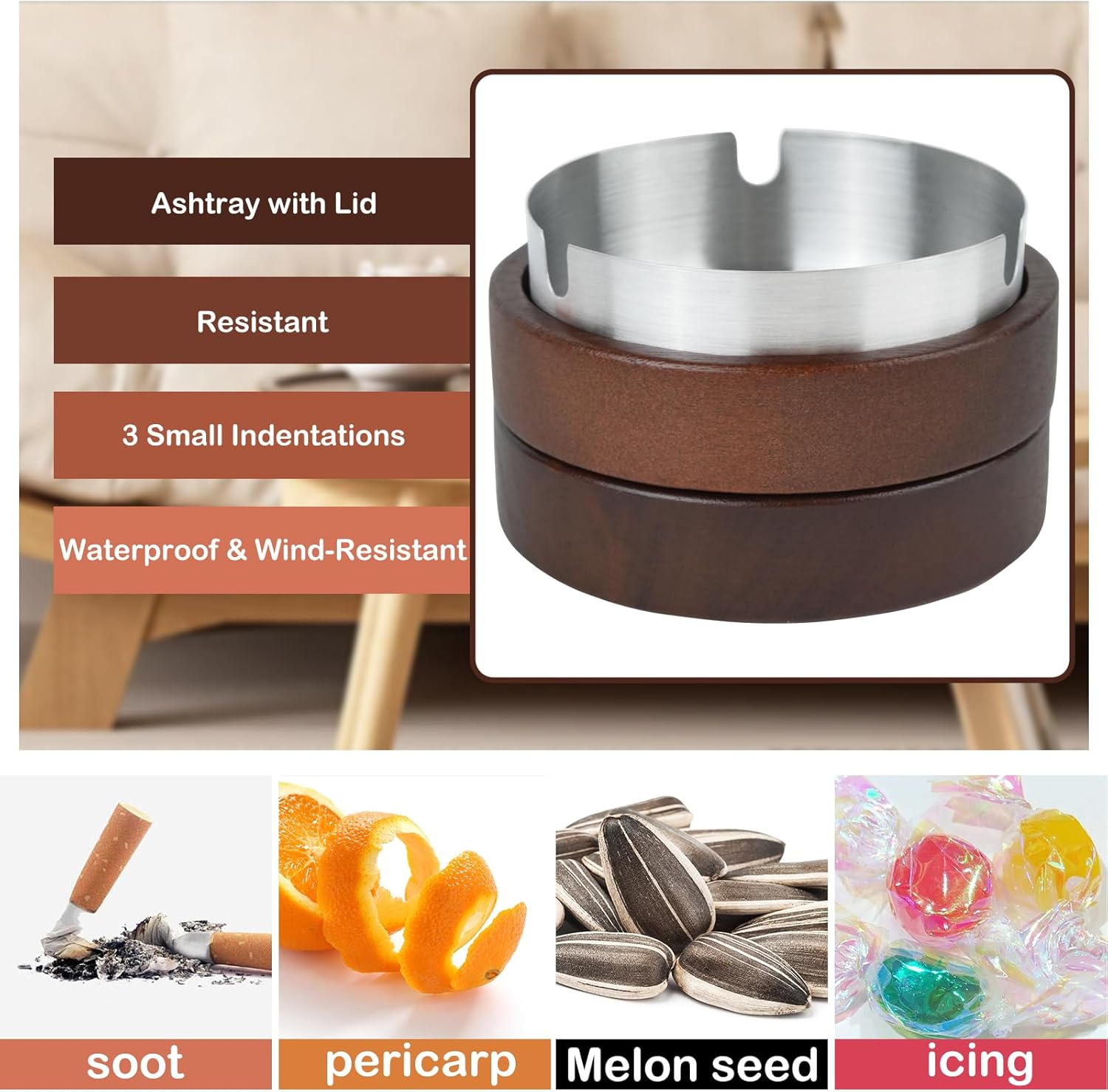 Zoyiancy 2Pcs Wooden Ashtray with Lid, Cute Windproof Ashtrays for Cigarette, Stainless Steel Liner Ash Tray for Man Indoor Outdoor Parties Balcony Office Home image number 4