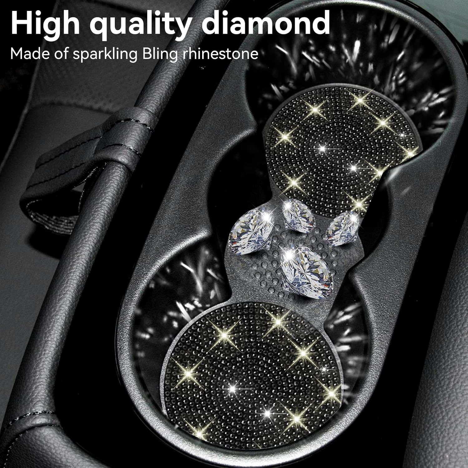 SINGARO Bling Cup Holder Coasters for Car, 2PCS Universal Non-Slip Cup Holder, Embedded Decorative Coasters, Shiny Crystal Car Interior Accessories Gifts for Women (Black) image number 1