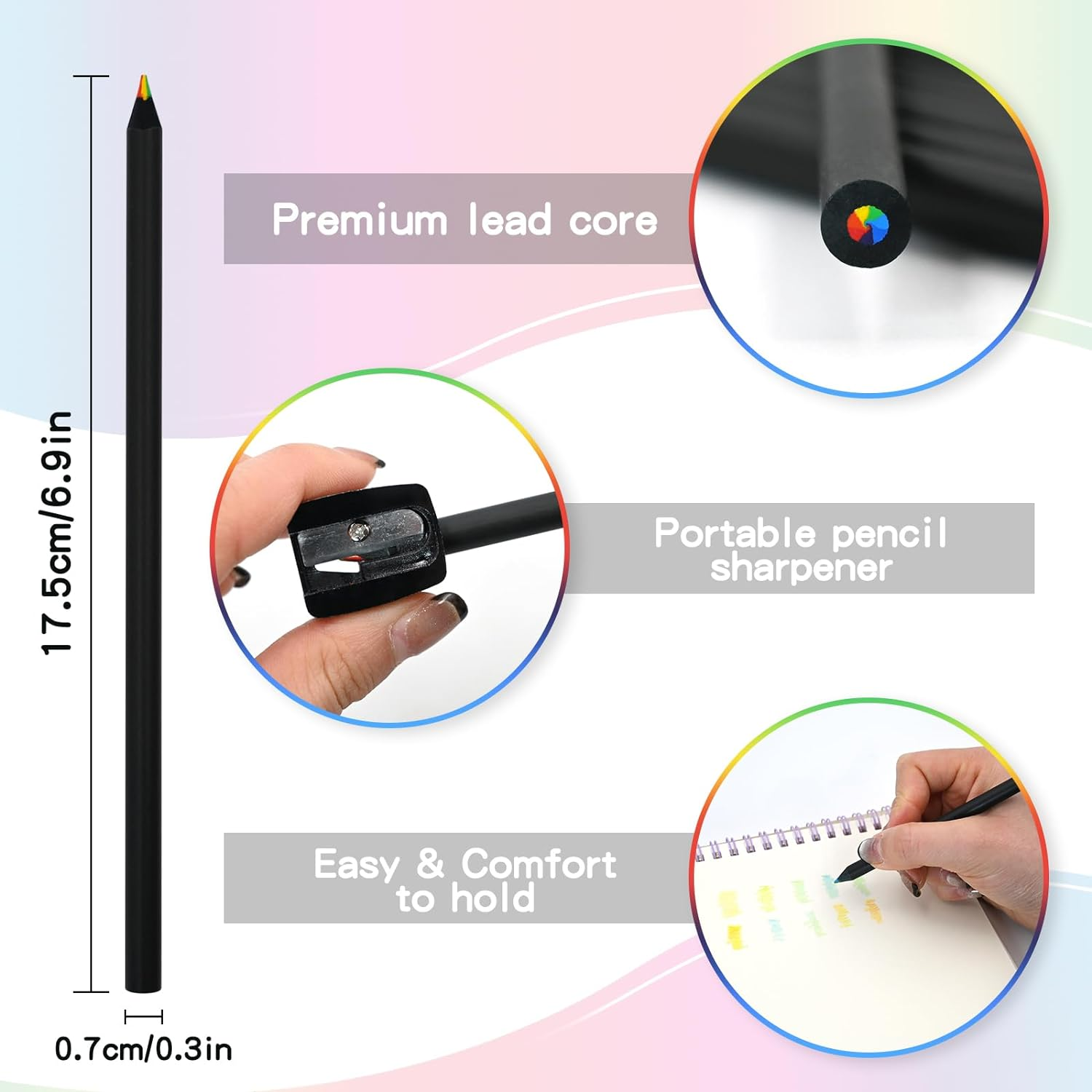 15 PCS Rainbow Colored Pencils, 7-In-1 Coloring Pencil with Sharpener, Black Wooden Multicoloured Colour Pencils, Colorful Pencils for Drawing Coloring Sketching, Cool Fun Art Supplies