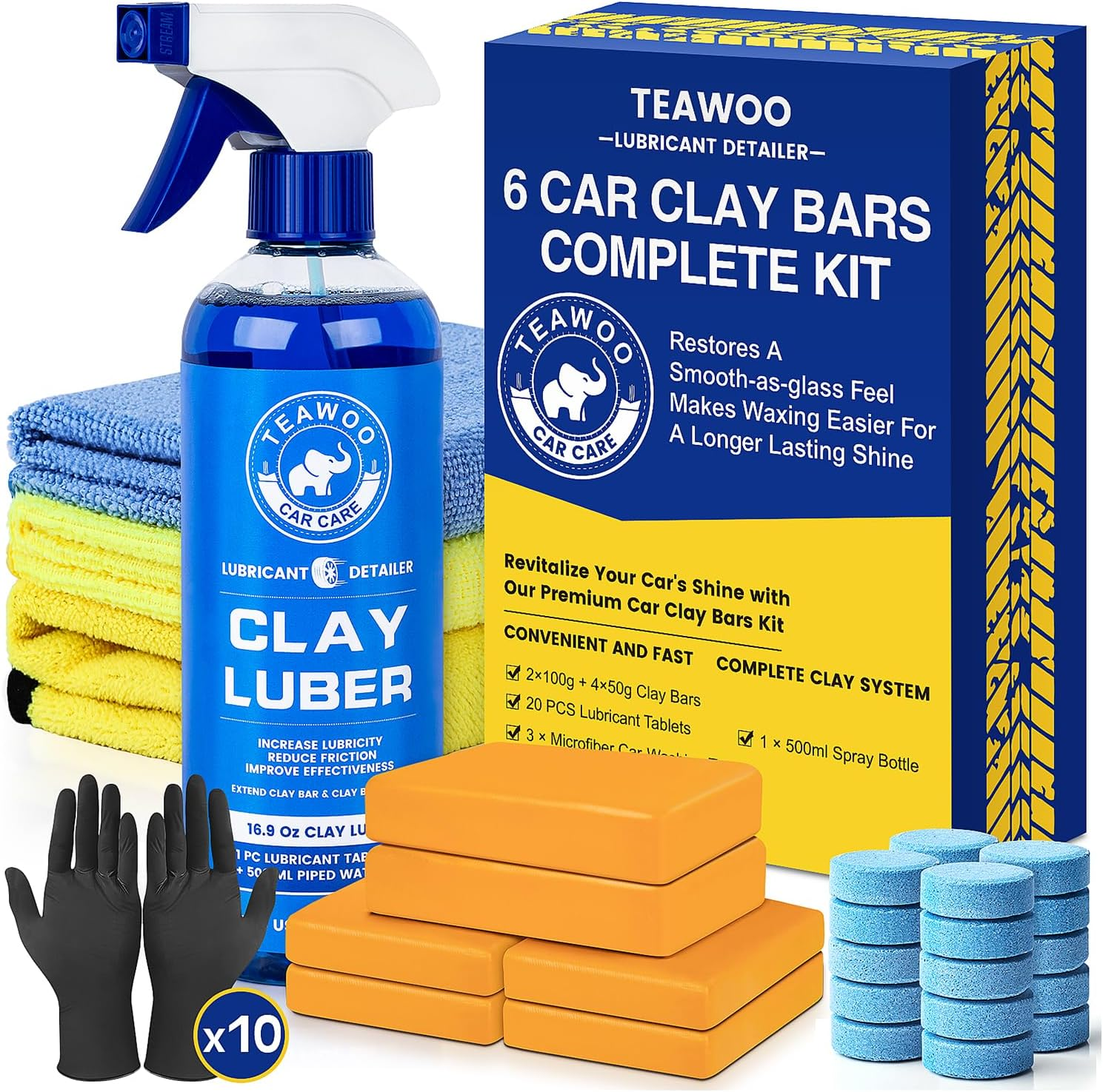 TEAWOO Car Clay Bars Kit, 6 Clay Bars & 20 PCS Lubricant Tablets, Complete Car Detailing Kit, Spray Bottle, Disposable Gloves and Microfiber Towels for Car Detailing Cleaning