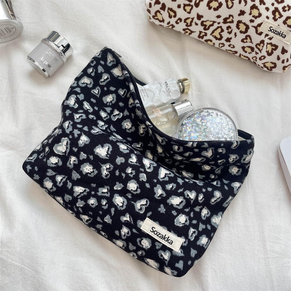 Tcdwla Cosmetic Bag, Pack of 2 Make-Up Bag, Toiletry Bag, Corduroy Small Women, Pencil Pouch, Aesthetic School Stuff for School, Travel, Business, Shopping, Hiking, Black 2, Leopard Tattoo image number 1