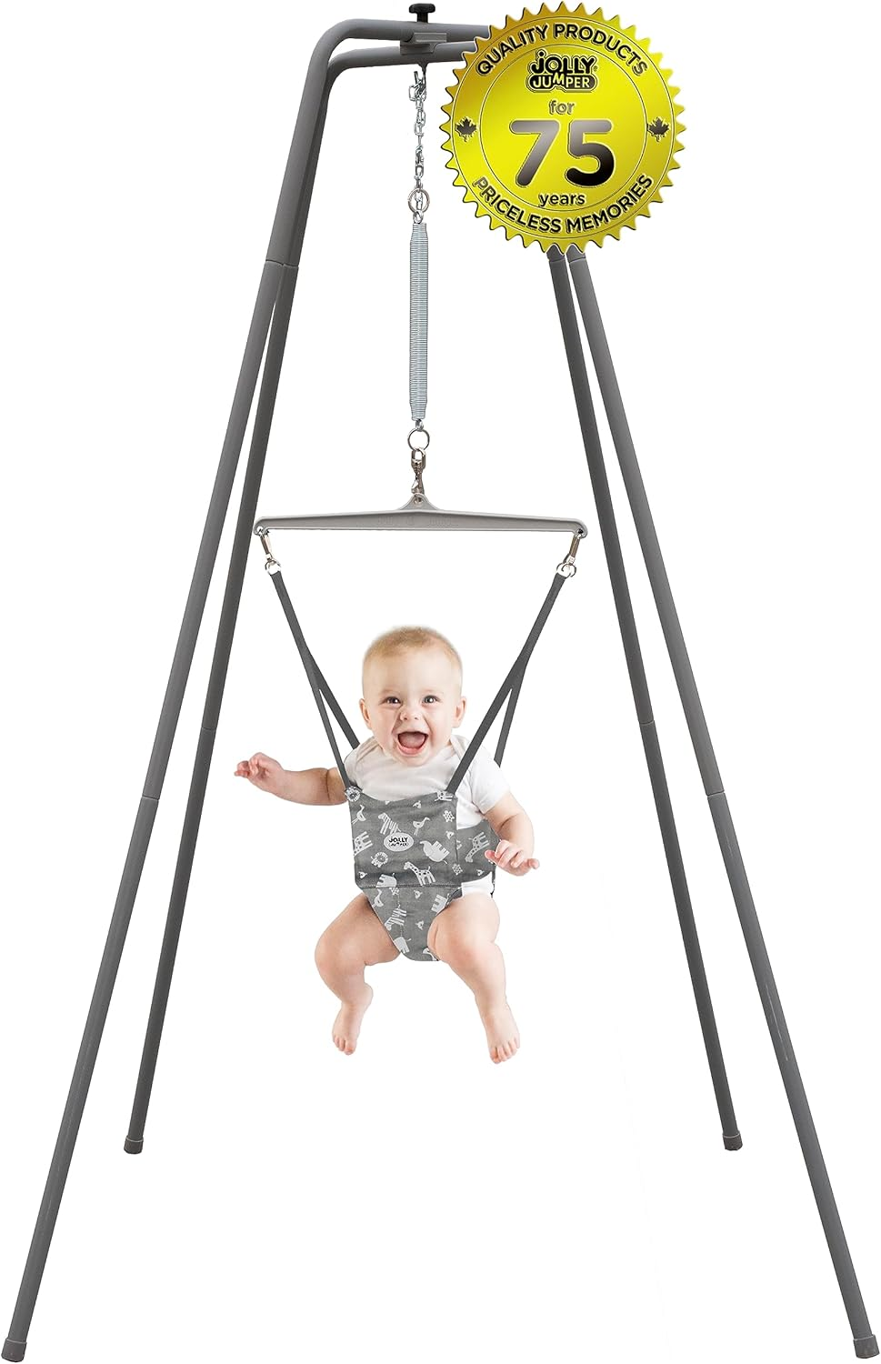 Jolly Jumper *Elite* Safari Print Saddle-The Original Jolly Jumper with Stand. Trusted by Parents to Provide Fun for Babies and to Create Cherished Memories for Families for over 75 Years, Grey Safari image number 4