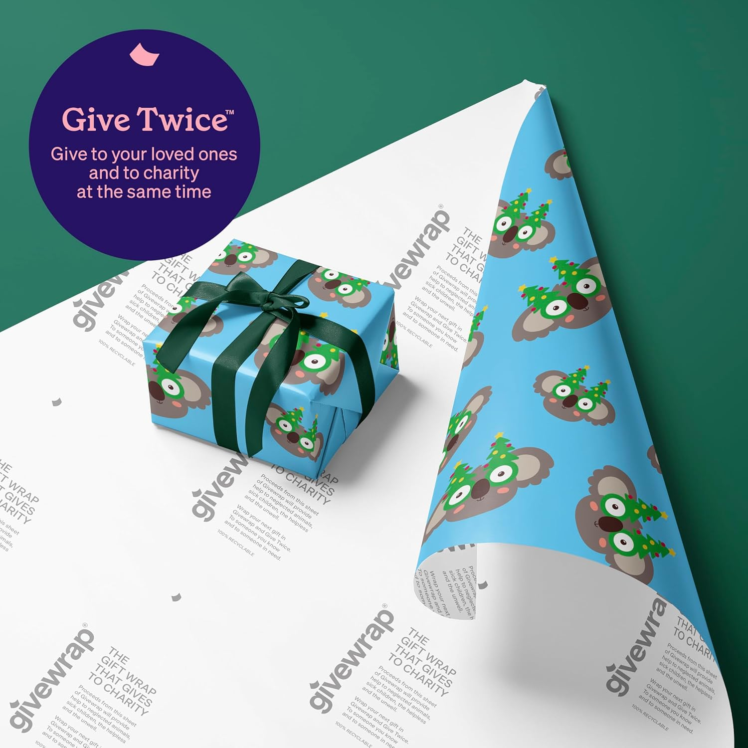 GIVEWRAP&reg; Gift Wrap That Gives to Charity. 6 Rolls 3M*70CM Koala Specs Bundle (18M Total), 100% Recyclable Eco-Friendly Premium 80Gsm Christmas Xmas Festive Holidays Crafts Kids Women Men image number 1