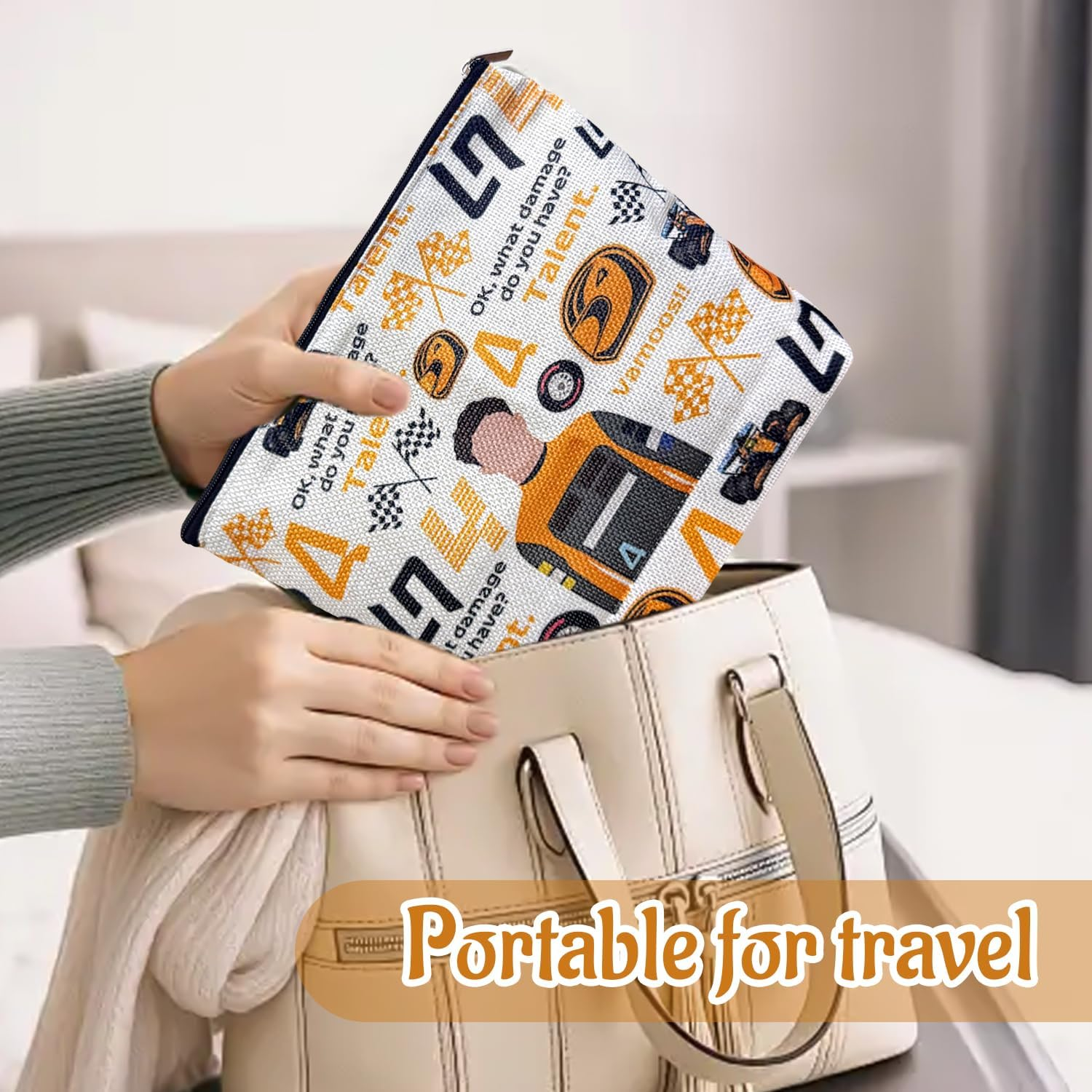 1 Orange Racing Cosmetic Bag, 1 Silver Racing Pendant Cosmetic Storage Bag, Outdoor Travel Toiletry Bag, Mini Keychain Pendant image number 5