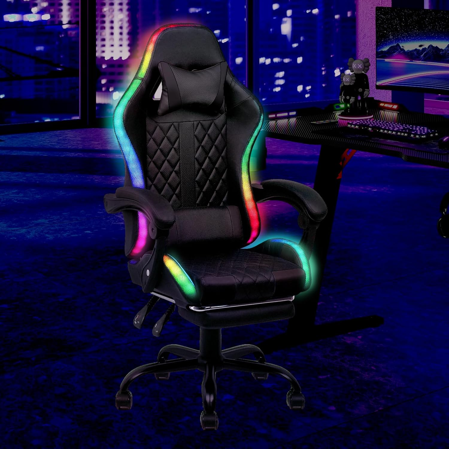 Advwin Gaming Chair with Massagers and LED Lights, Executive Office Chair with 135&deg; Recline, Racing Computer Chair with Footrest, Lumbar Support, Adjustable Height and High Back (Black & Blue)