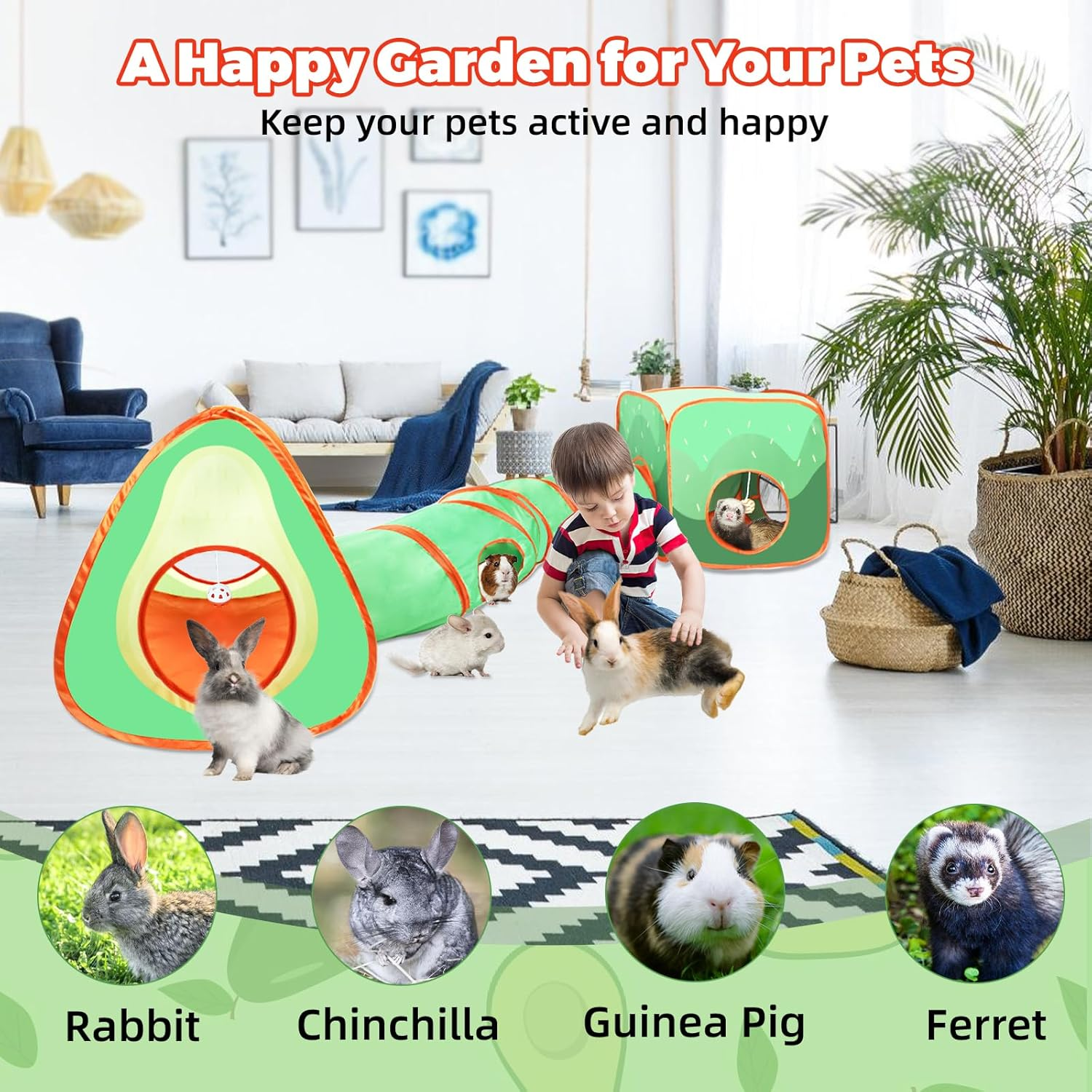 YUEPET Rabbit Tunnel and Cube Collapsible Tent Bunny Interactive Crinkle Tunnel Toys Small Animal Hideout with Play Ball for Dwarf Rabbit Bunny Guinea Pig (Avocado) - Avocado image number 6