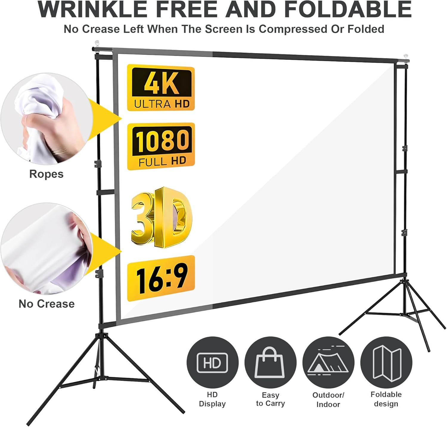 Aumerage Projector Screen with Stand, Outdoor Indoor 120 Inch Projection Screen, Portable 16:9 4K HD Rear Front Movie Screen with Carry Bag Wrinkle-Free for Home Theater Backyard Cinema image number 2