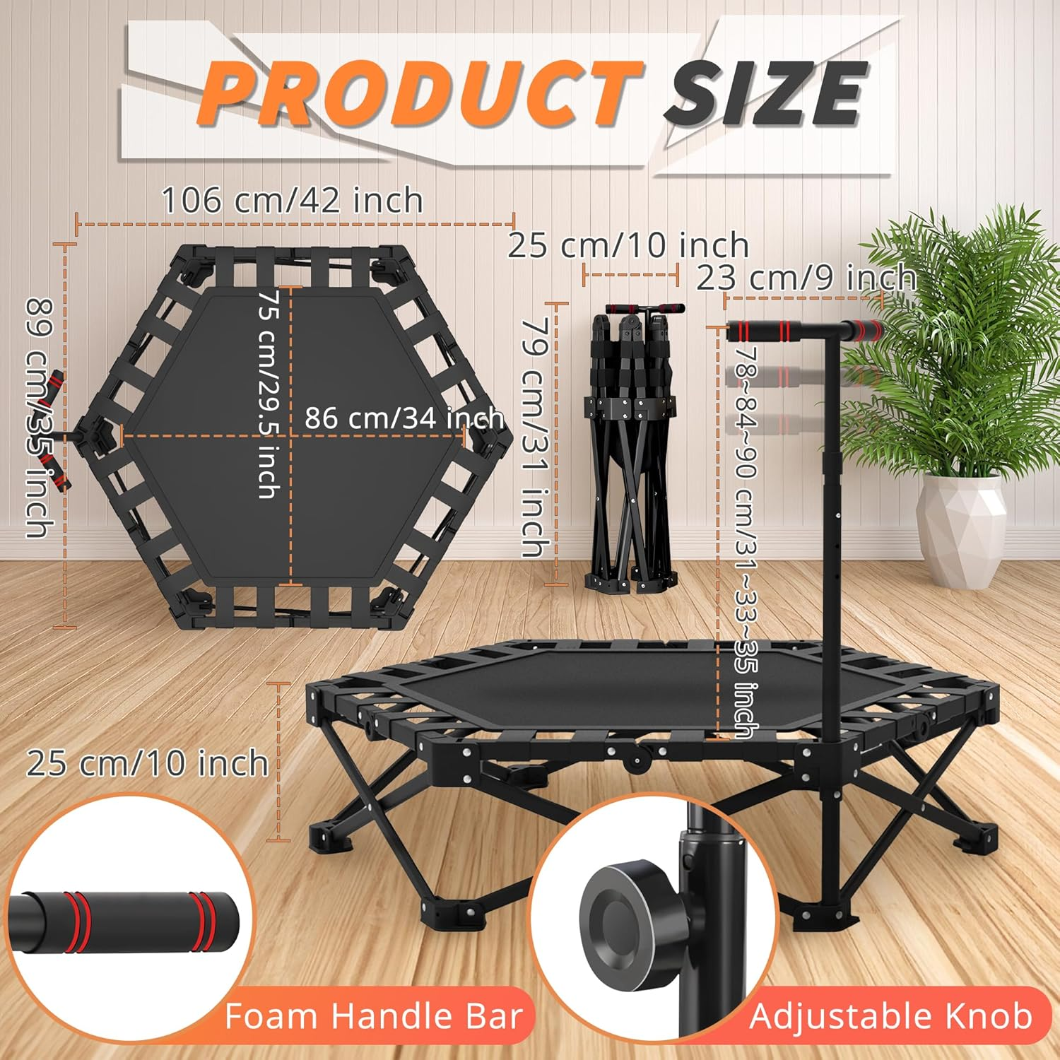 Foldable Mini Trampoline 42" Rebounder Max Load 205KG, Fitness Trampolines with T-Shaped Adjustable Foam Handle, Suitable for Adult and Kids Indoor/Outdoor Workout