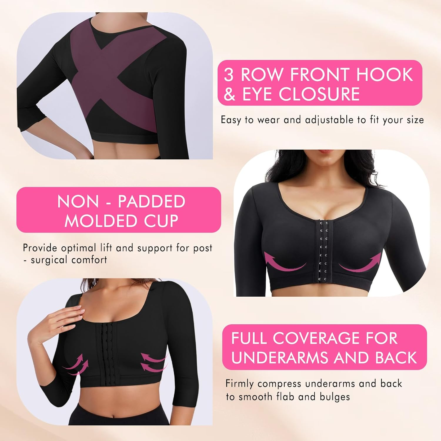 Supcomsta Arm Shaper Tops for Women,Front Closure Post Surgery Arm Compression Sleeves,Non-Padded Push-Up Bra Shapewear Posture Corrector Arm Faja