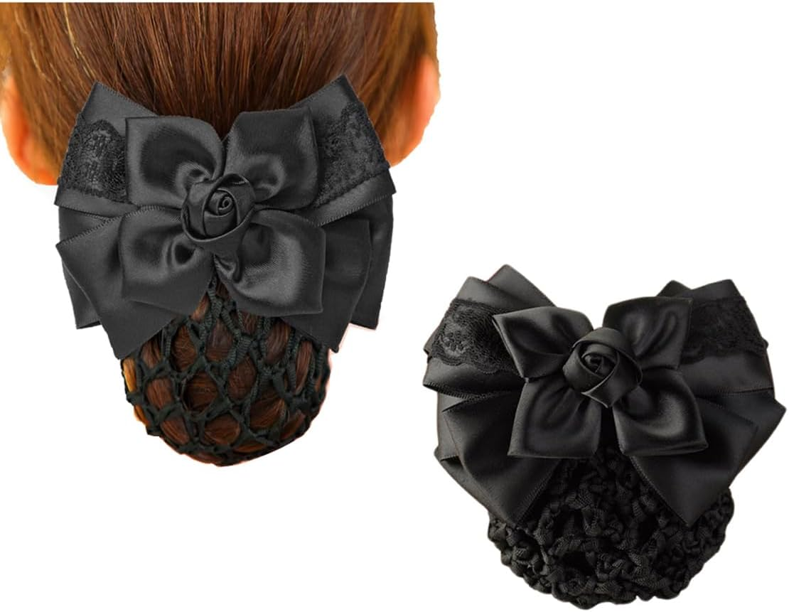 Womens Bowknot Snood Net Barrette Elastic Hair Clip Bun Cover Hairnet Satin Bow Barrette French Hair Clips Hair Accessories for Stewardess Banks Hotels Airline Professionals (Black) image number 1