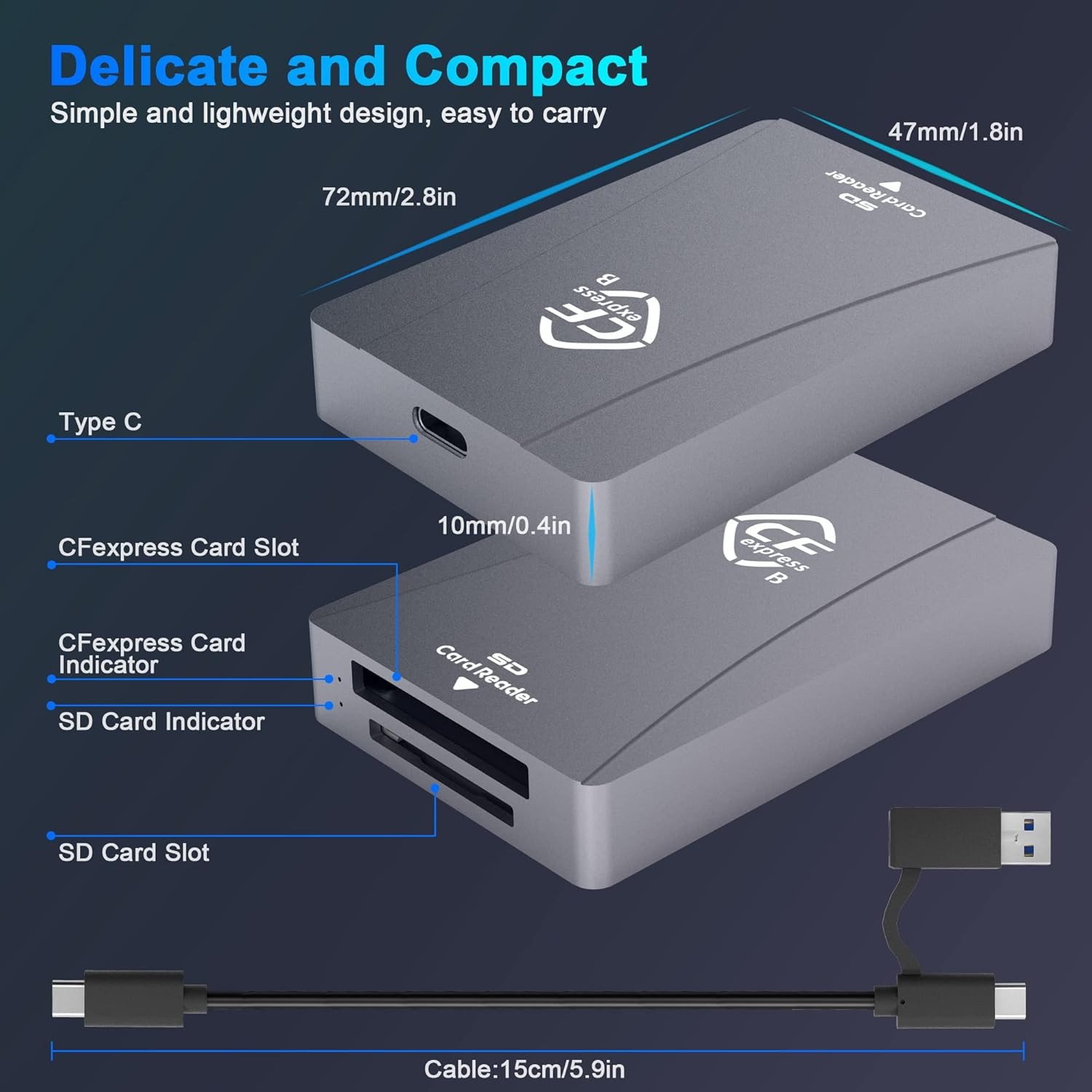 Cfexpress Type B Card Reader, USB 3.2 Gen 2 10Gpbs, Compatible with Cfexpress Type B Card/Sd Memory Card, Dual-Slot Portable Aluminum Cfexpress Card Adapter Support Windows/Android/Mac Os/Linux