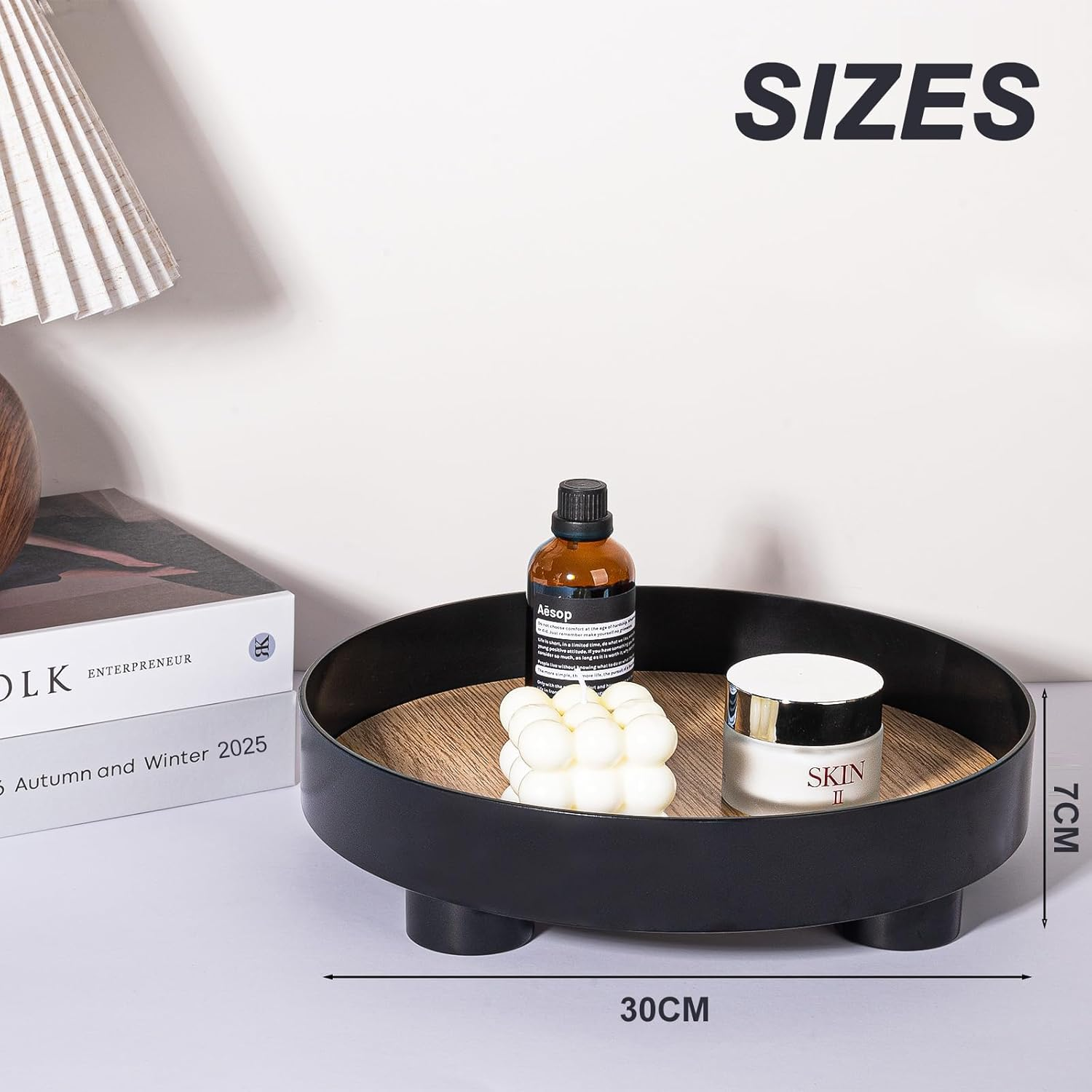 Modern Home Decor round Serving Tray, Black Coffee Table Organizer, 30CM Decorative Display Tray for Bathroom, Kitchen, Dining Table, Dresser