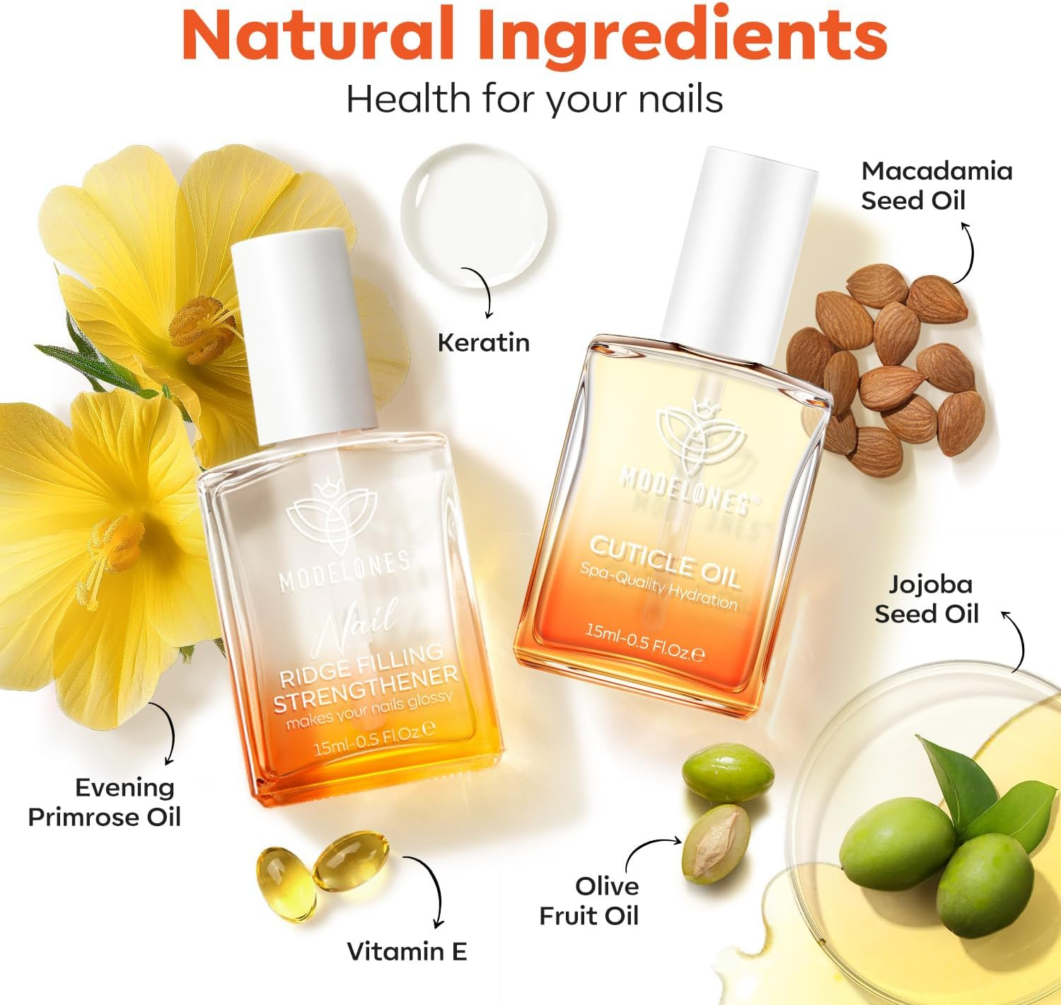 Modelones Nail Strengthener and Cuticle Oil Ridge Filling Nail Repair Kit Nail Growth Treatment for Thin and Damaged Nails,Moisturizes Dry Skin, Repairs Cuticles, Nail Growth Oil, 15Ml