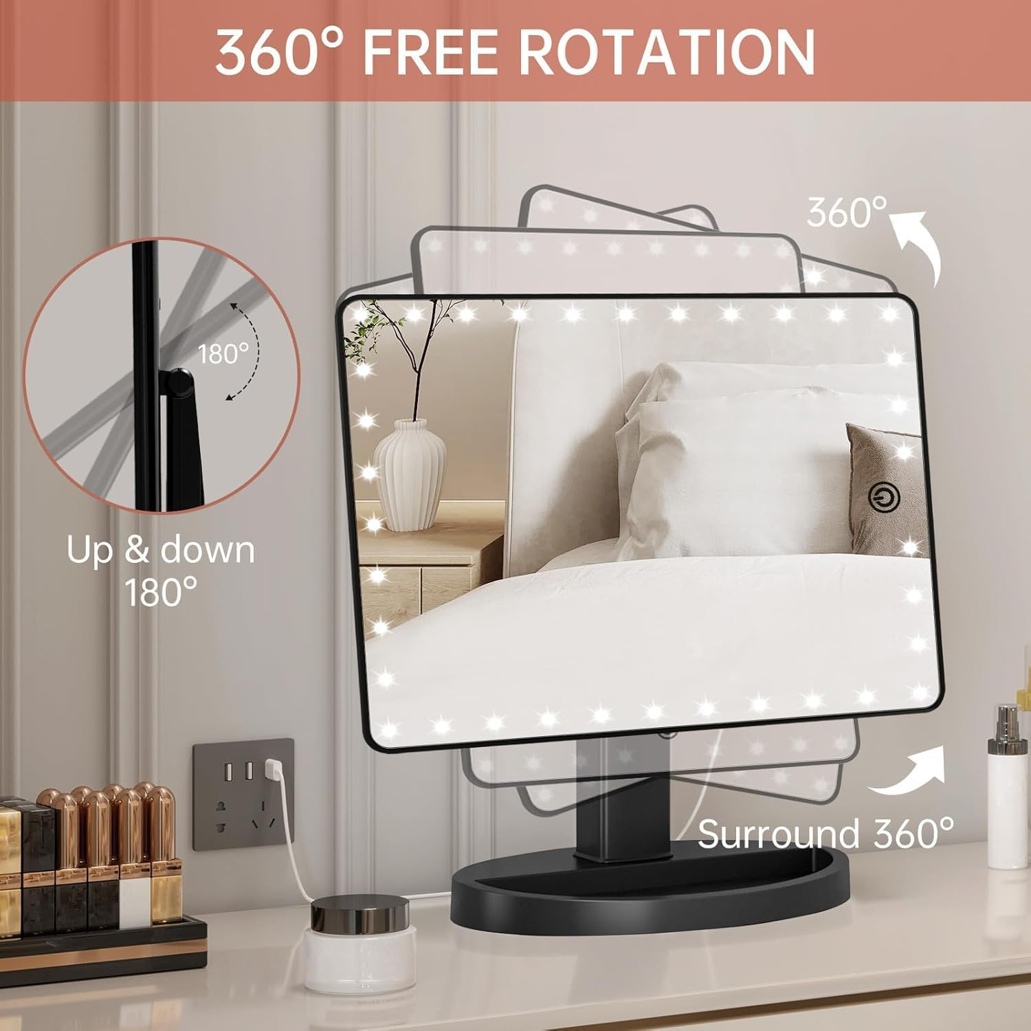 FUNTOUCH Large Lighted Vanity Makeup Mirror (X-Large Model), Light up Mirror with 35 LED Lights, Touch Screen and 10X Magnification Mirror, 360&deg; Rotation Tabletop Cosmetic Mirror (Black) image number 1